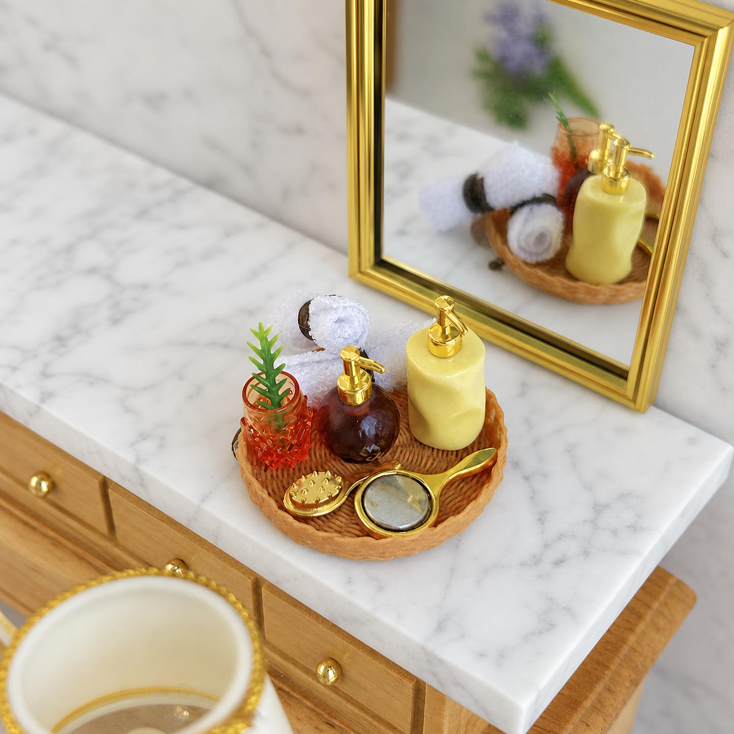 FDMINI Mini Bathroom Vanity Tray Set – 2 Styles Miniature Soap Dispensers, Towels & Accessories for 1:12 Scale Dollhouse & Roombox