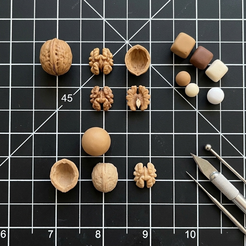 8Pcs Miniature Walnut Set – Hand-Sculpted 1:6 Scale Dollhouse Walnuts with Shell, Half-Cracked and Loose Nutmeat, Realistic Tiny Nuts for Dioramas, Resin Jewelry & Polymer Clay Food Miniatures