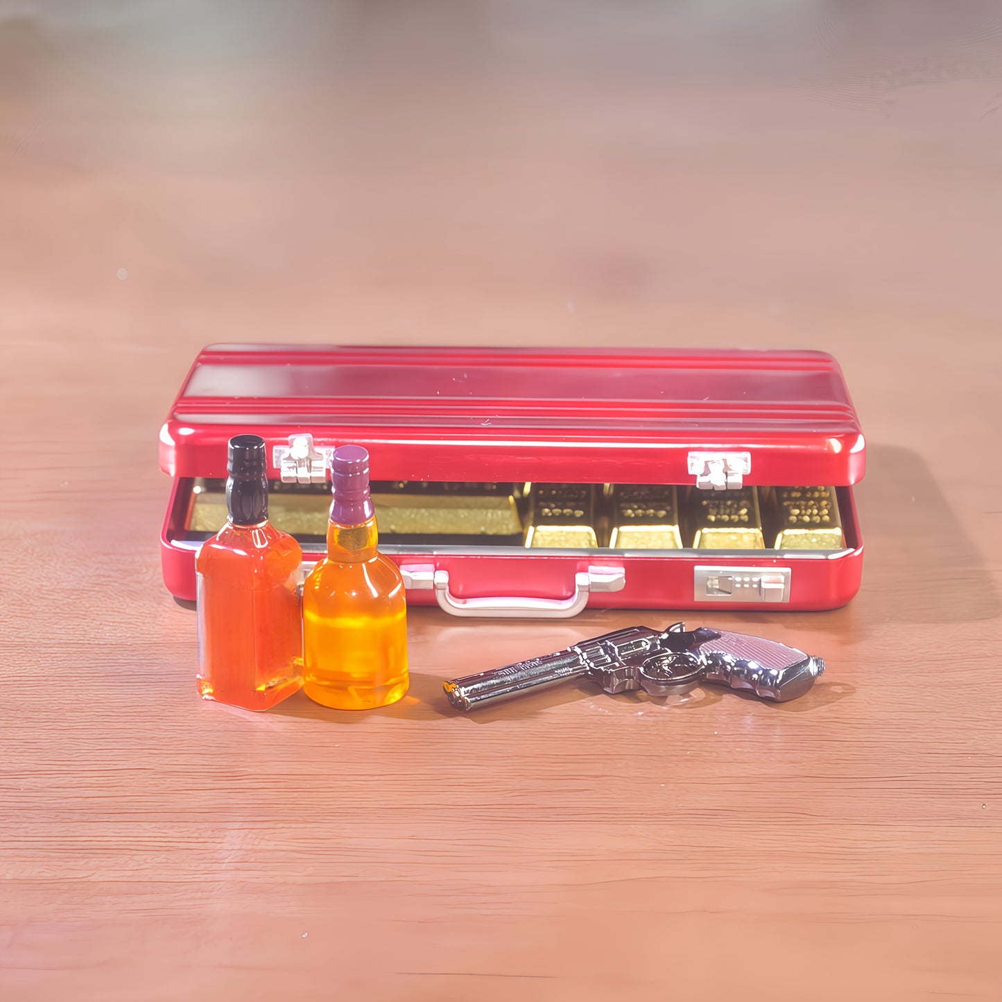 1:6 Scale Miniature Red Briefcase Set - Includes 14 Mini Gold Bars, 2 bottles of Whiskey, and 8 Vintage Coins - Unique Adult NoveltyToy & Dollhouse Accessories