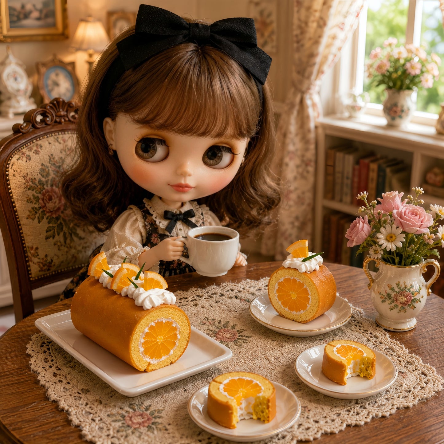 Miniature Orange Swiss Roll Cake - Hand-Sculpted 1:6 Scale Dollhouse Cake Roll with Whole Orange Slice Center, Whipped Cream & Citrus Garnish, Realistic Tiny Dessert for Blythe & Barbie Dioramas, Polymer Clay Food