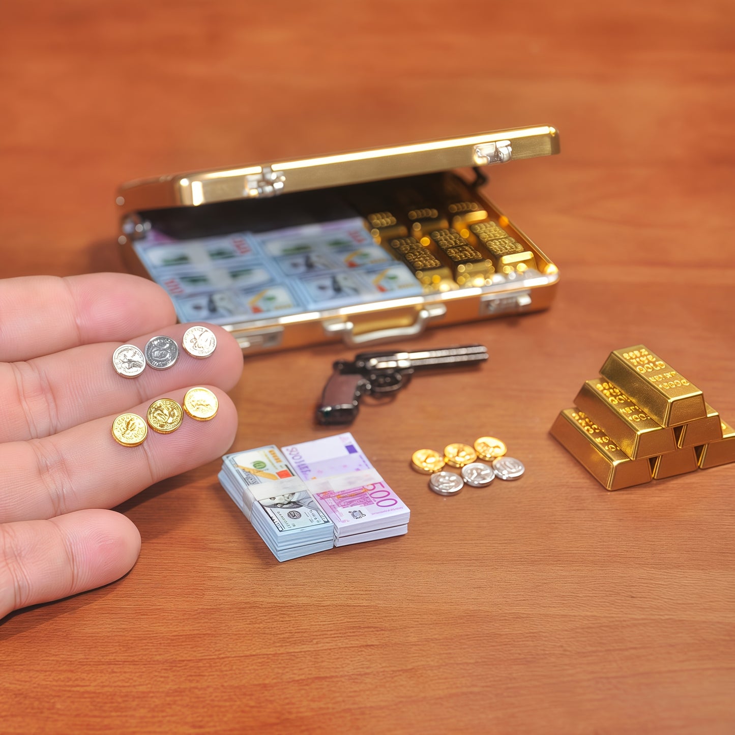 miniature gold briefcase with mini bills 1:6 scale fdmini
