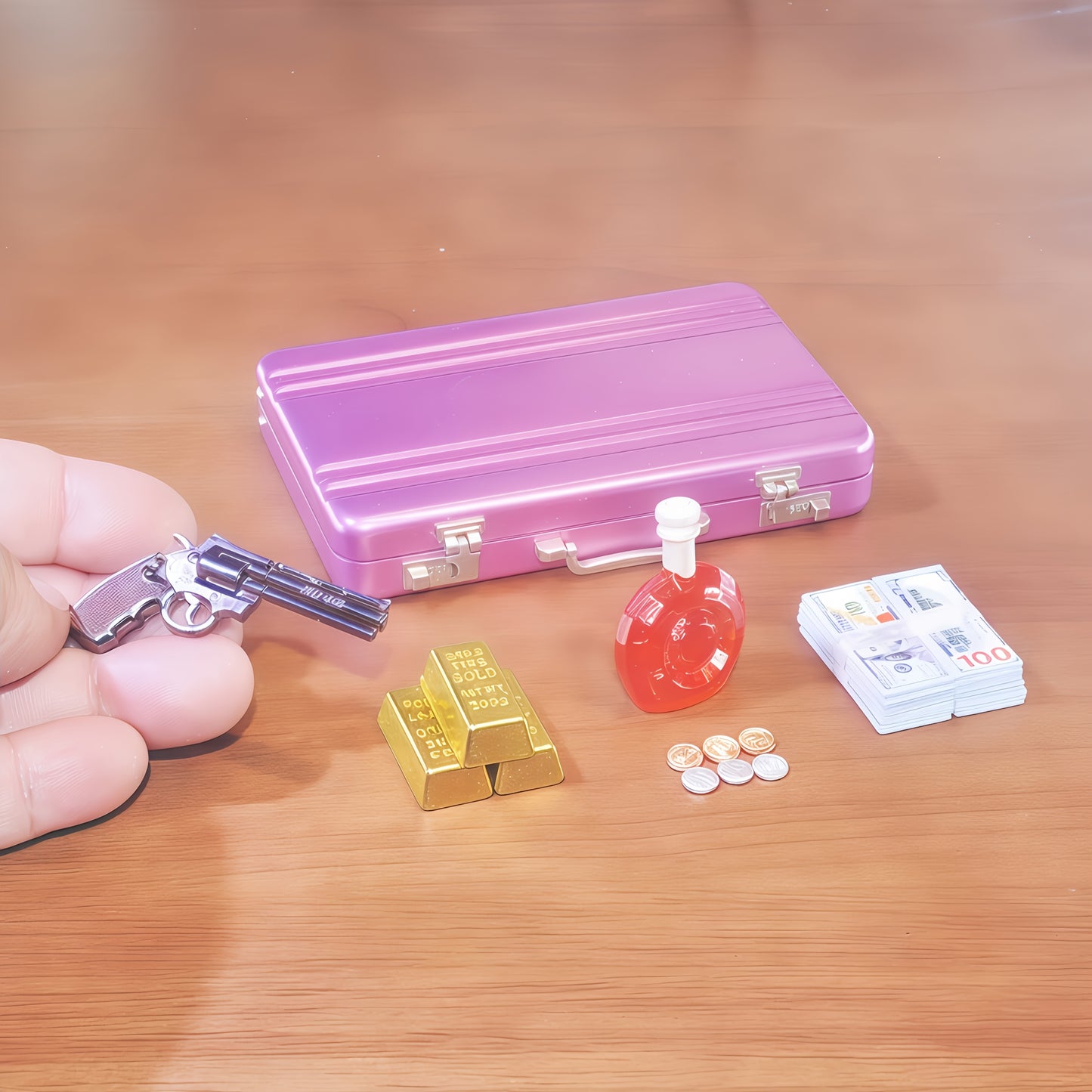 1:6 Scale Miniature Pink Briefcase Set - Includes Mini GoldenBars, Mini XO, Vintage Coins, Mini Dollar Bills and Mini Revolver  - Unique Adult Novelty Toys, Creative Gift and Dollhouse Accessories