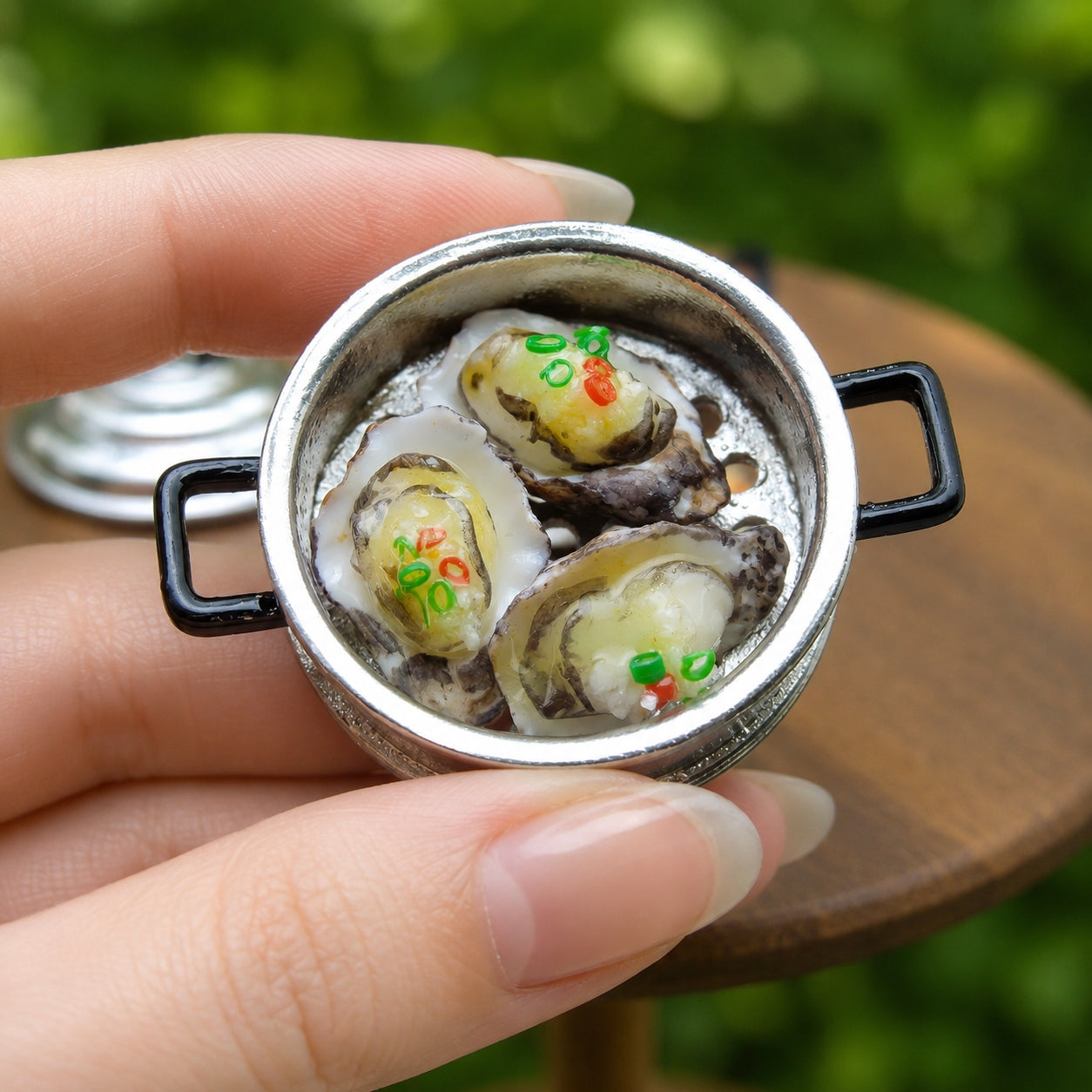 Miniature Grilled Oysters - Hand-Sculpted 1:6 Scale Garlic Oysters on the Half Shell with Scallion & Chili, Realistic Seafood Dollhouse Food for Blythe & Barbie Kitchen Dioramas, Resin Jewelry & Polymer Clay Food