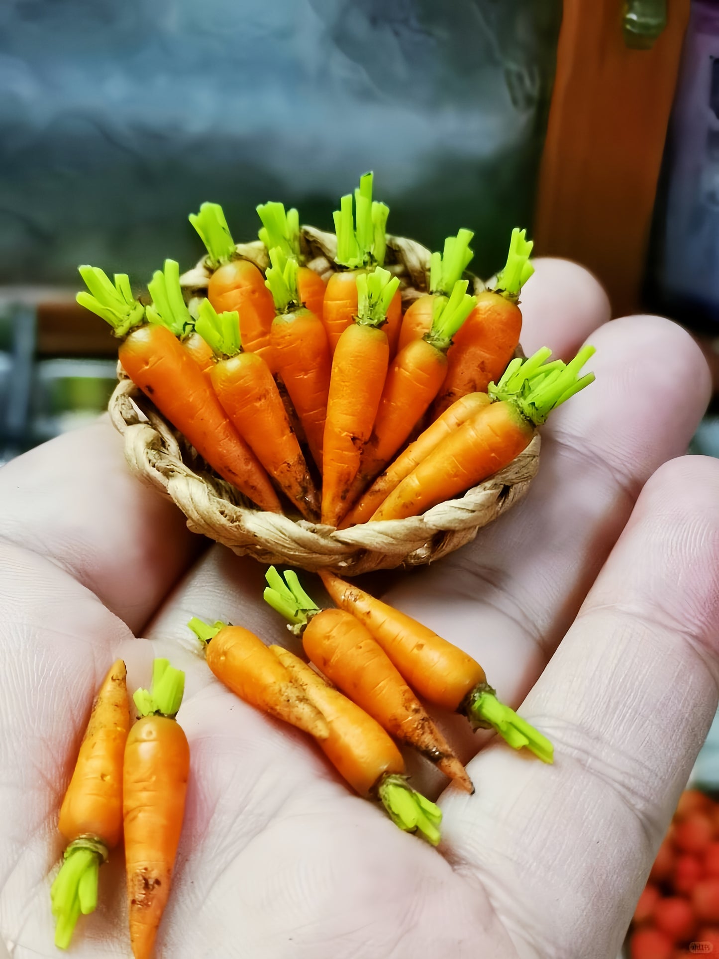 6Pcs Miniature Carrot Set – Hand-Sculpted 1:12 Scale Dollhouse Carrots with Leafy Green Tops, Realistic Garden-Fresh Produce for Dioramas, Fairy Gardens & Polymer Clay Food Miniatures