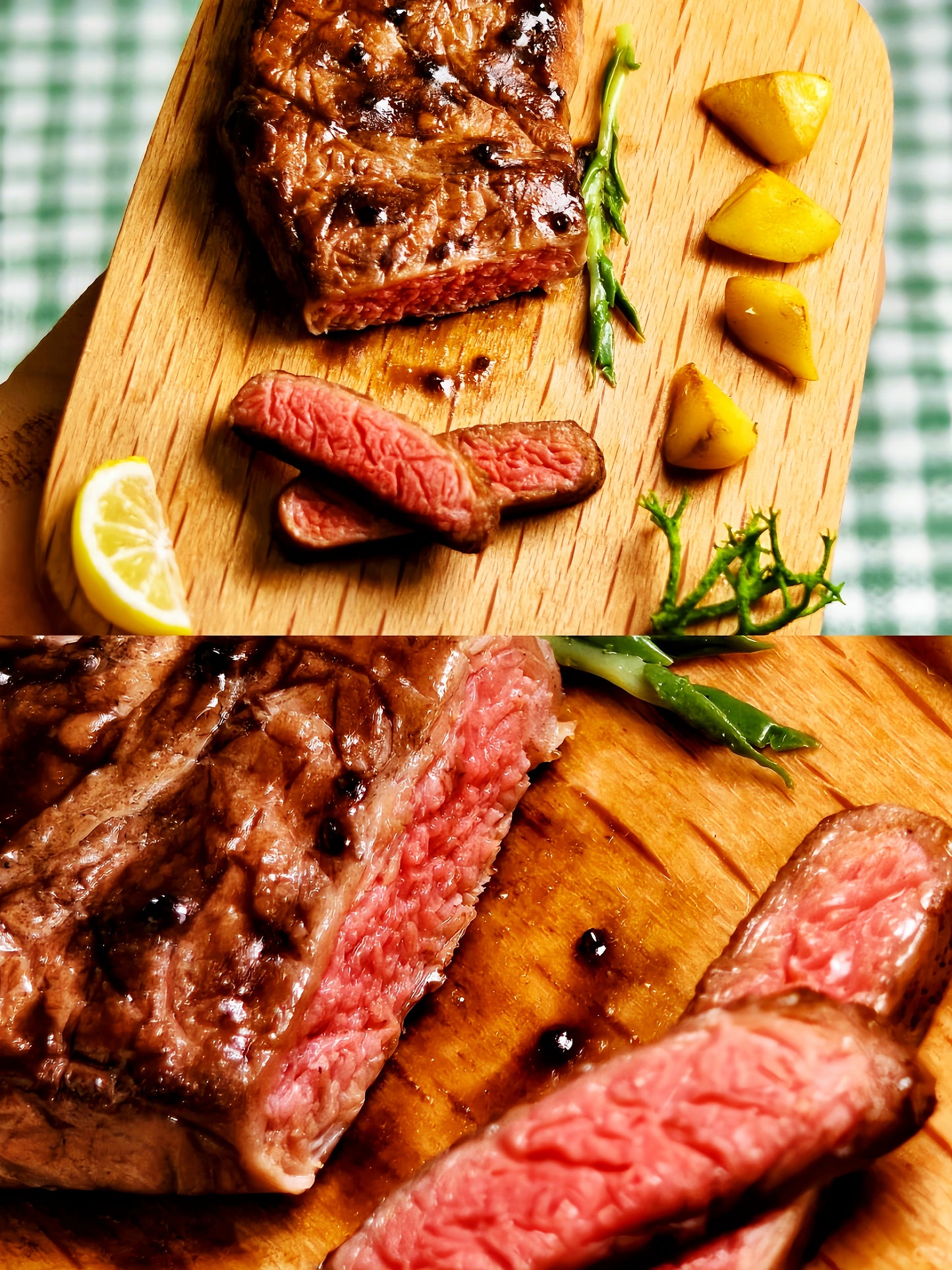 Miniature Steak Board – Hand-Sculpted 1:6 Scale Dollhouse Grilled Beef Steak Sliced Medium-Rare on a Wooden Paddle with Roasted Potatoes, Asparagus & Lemon, Realistic Plated Meat Dish for Blythe & Barbie Dioramas, Polymer Clay Food