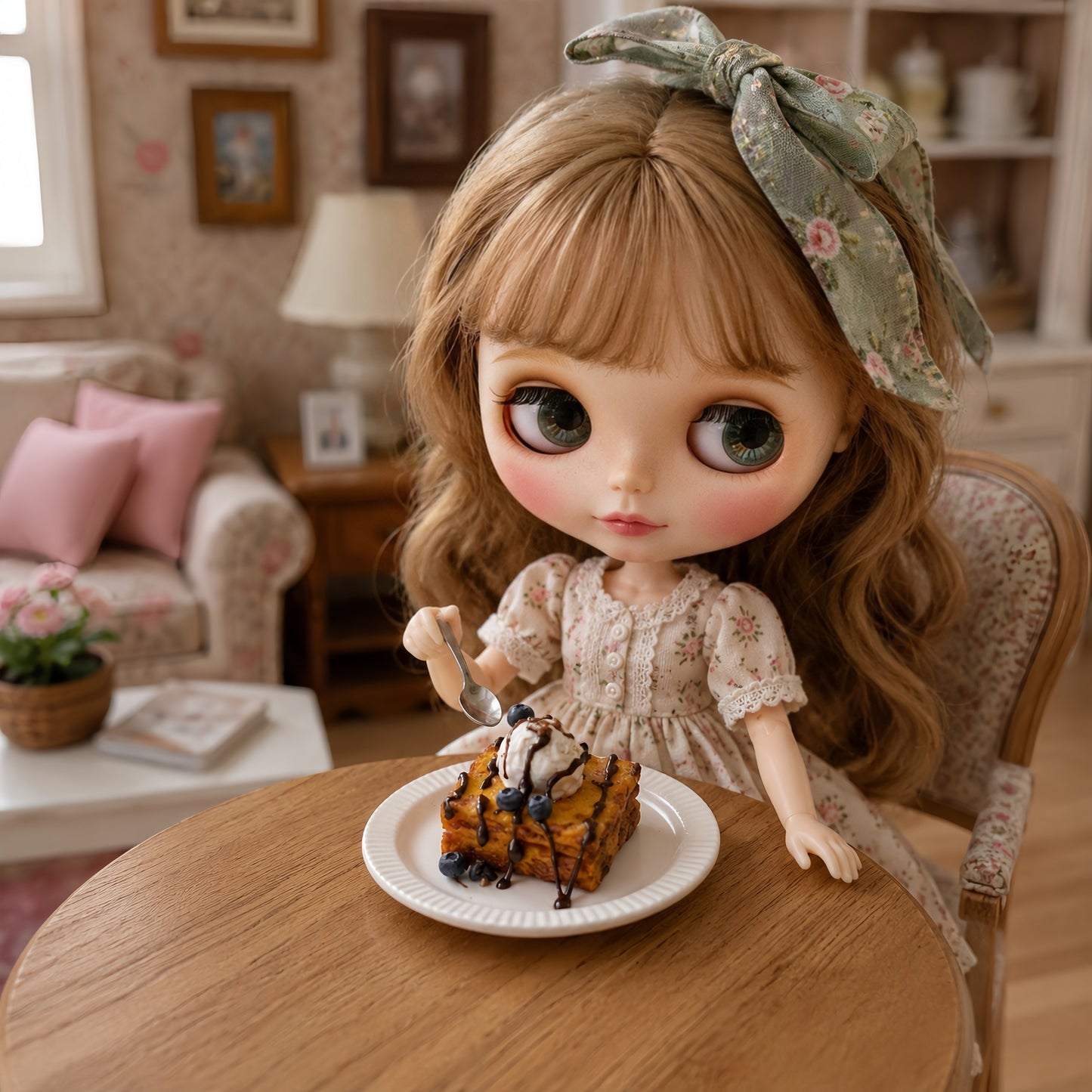 Miniature Honey Toast - Hand-Sculpted 1:6 Scale Shibuya Toast Dessert with Ice Cream Scoop, Chocolate Drizzle & Blueberries, Realistic Tiny Café Food for Blythe & Barbie Dioramas, Polymer Clay Food