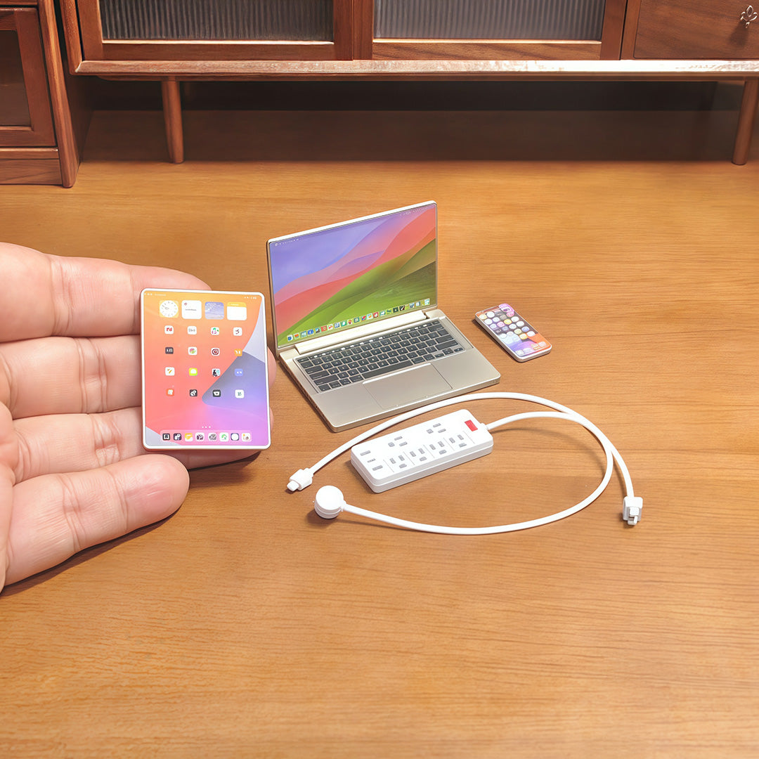 1:6 Scale Miniature Modern Tech Set - Dollhouse Laptop, Tablet, Smartphone & Power Strip - Realistic Office Accessories (Titanium  Edition)