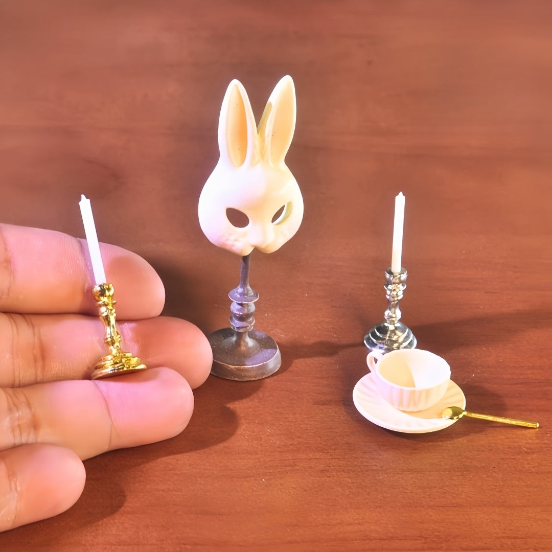 1:6 Scale Miniature Rabbit Mask, Gold & Silver Candle Holders, and Coffee Cup Set - Ideal for Creative Gifts, Dollhouse Accessories, and Unique Novelty Collectibles for Ages 14+