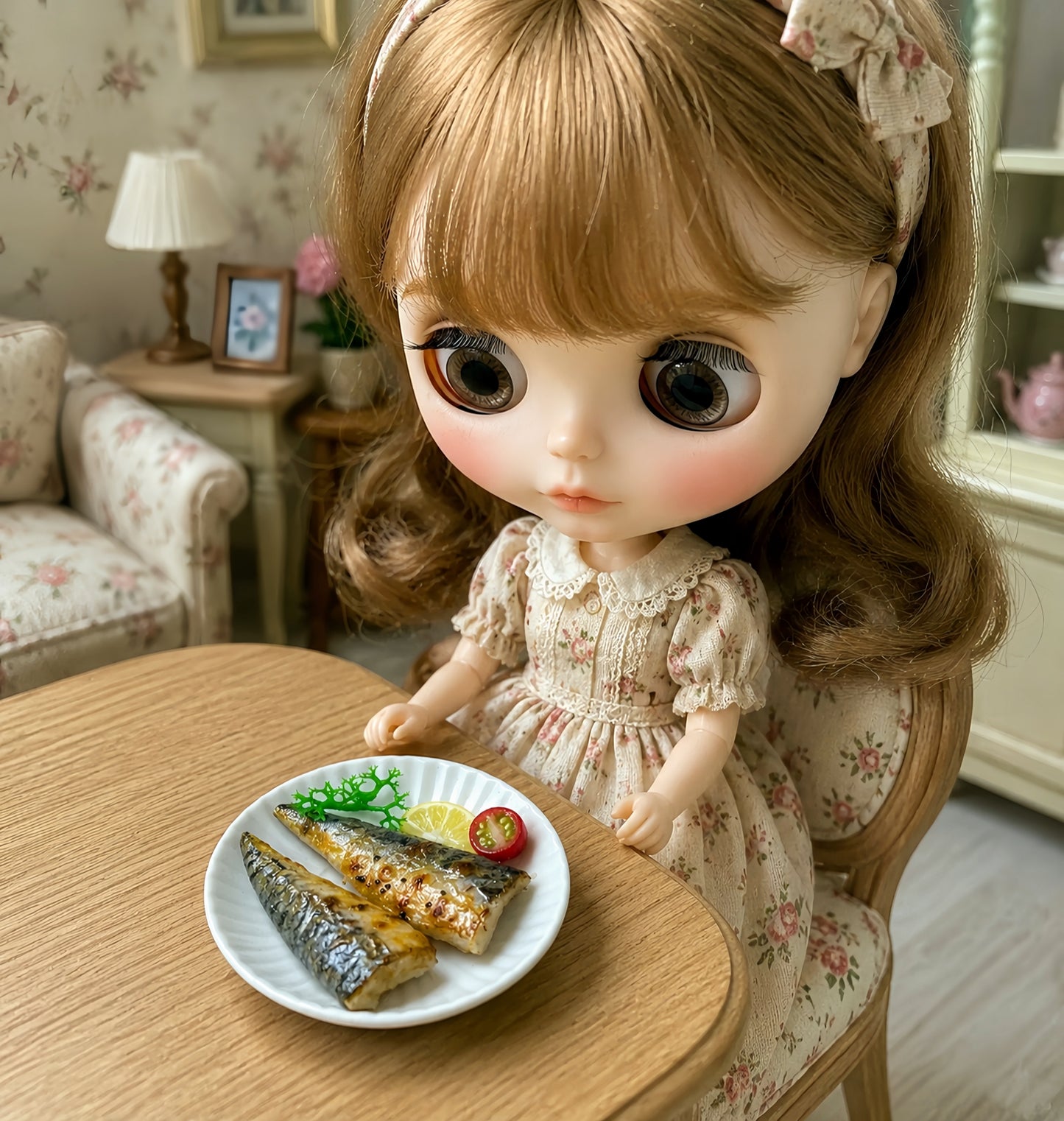 Miniature Grilled Mackerel - Hand-Sculpted 1:6 Scale Japanese Saba Shioyaki with Lemon, Cherry Tomato & Garnish on Plate, Realistic Tiny Fish Food for Blythe & Barbie Dioramas, Polymer Clay Food