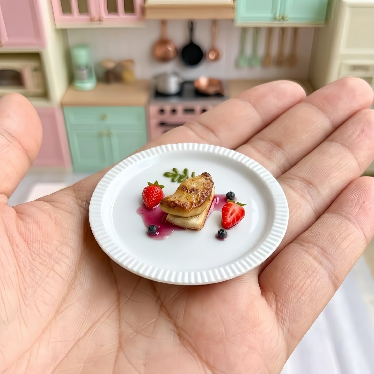 Miniature Seared Foie Gras - Hand-Sculpted 1:6 Scale Fine Dining Plated Dish with Berry Coulis, Strawberry & Blueberry Garnish on Brioche, Realistic Tiny Gourmet Food for Blythe & Barbie Dioramas, Polymer Clay Food