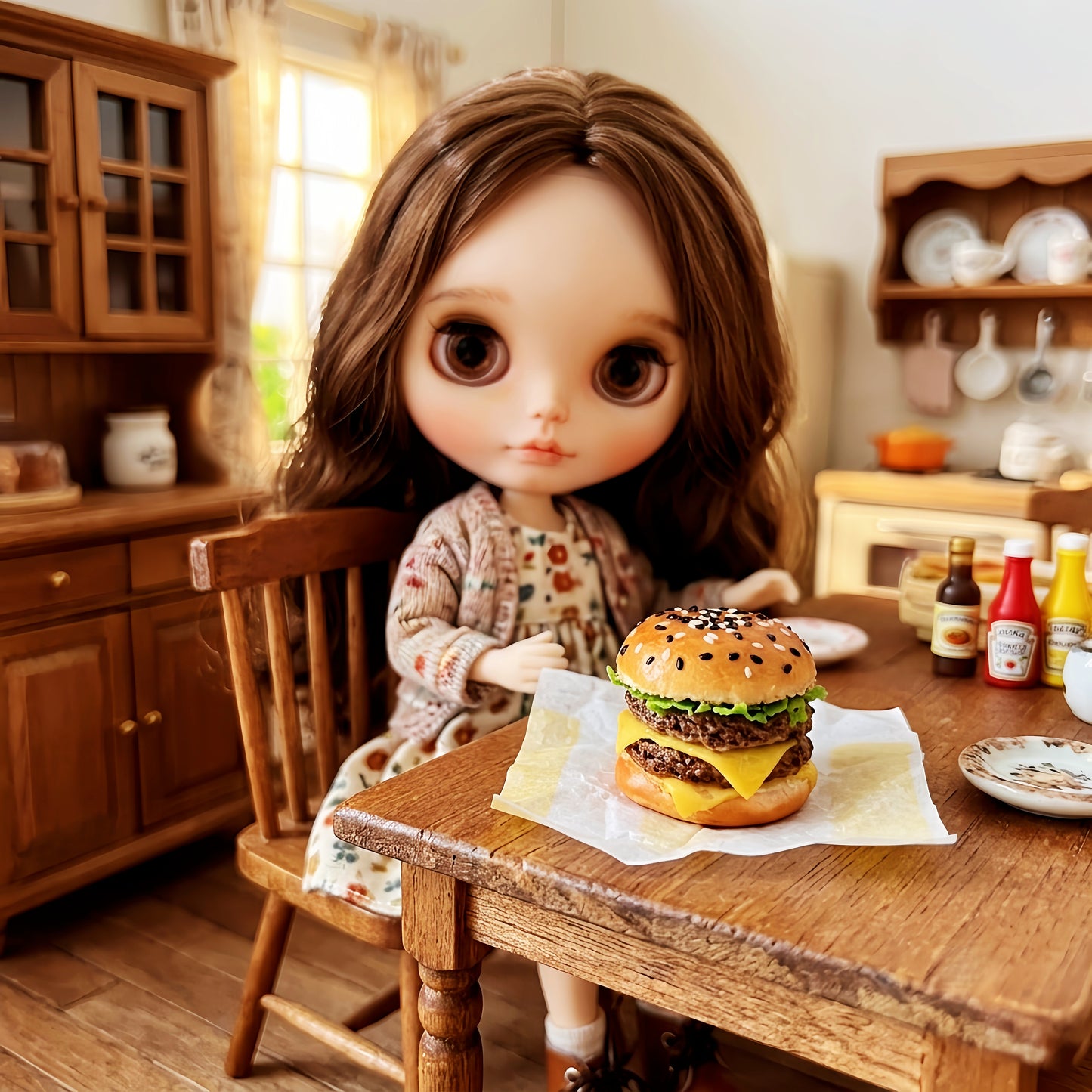 Miniature Cheeseburger – Hand-Sculpted 1:6 Scale Dollhouse Double Cheeseburger with Sesame Bun, Stacked Patties, Melting Cheese & Lettuce, Realistic Tiny Fast Food for Blythe & Barbie Dioramas, Resin Jewelry & Polymer Clay Food