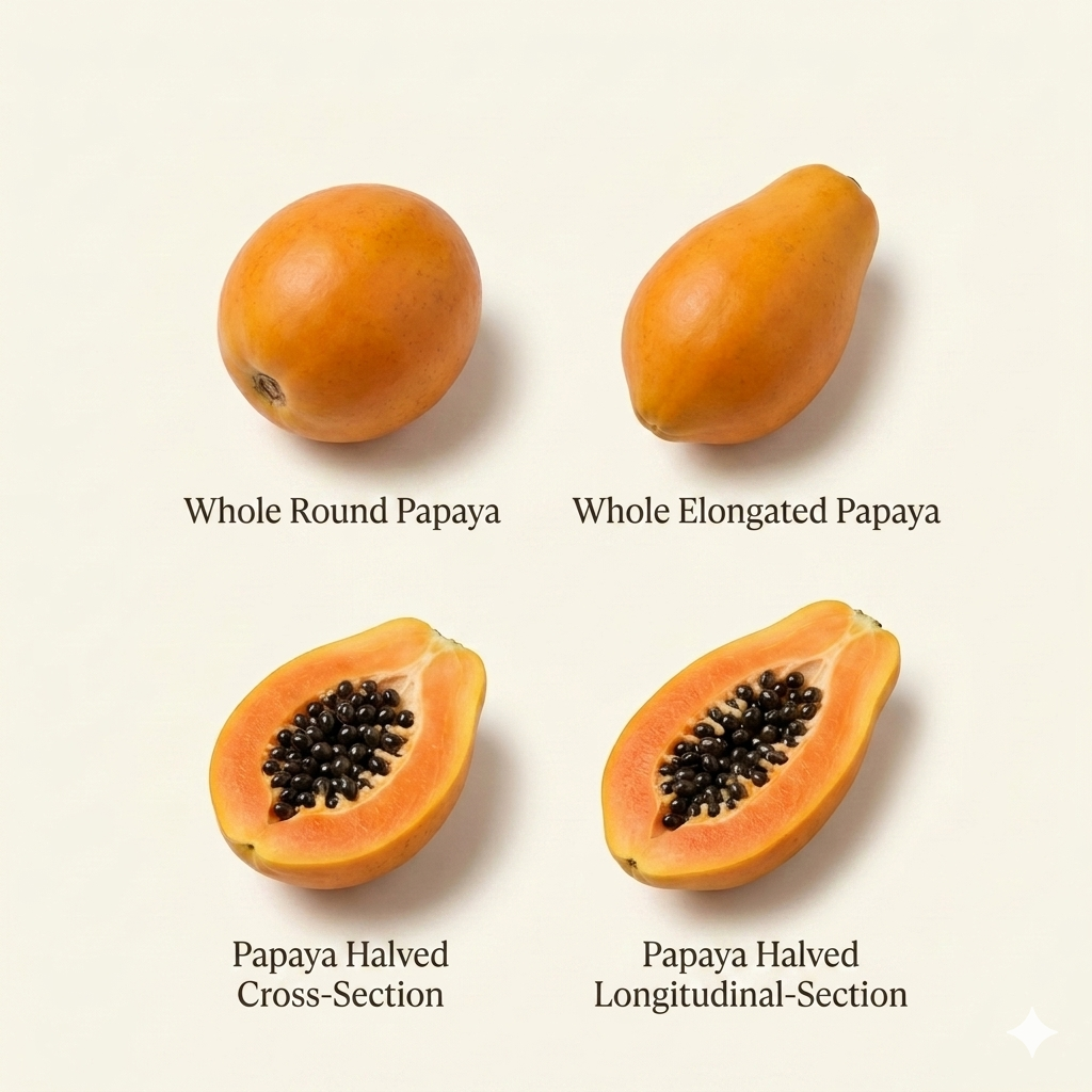 4Pcs Miniature Papaya Set – Hand-Sculpted 1:6 Scale Tropical Fruit, Whole and Halved with Cross-Section Seeds, Realistic Tiny Asian Food for Blythe & Barbie Dioramas, Resin Jewelry & Polymer Clay Fruit
