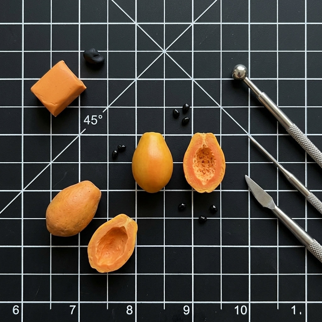 4Pcs Miniature Papaya Set – Hand-Sculpted 1:6 Scale Tropical Fruit, Whole and Halved with Cross-Section Seeds, Realistic Tiny Asian Food for Blythe & Barbie Dioramas, Resin Jewelry & Polymer Clay Fruit