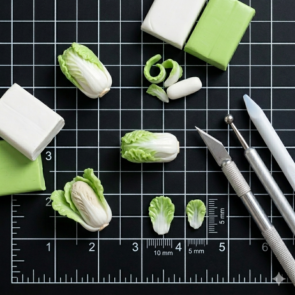 6Pcs Miniature Napa Cabbage Set – Hand-Sculpted 1:6 Scale Dollhouse Chinese Cabbage with Layered Green-White Leaves, Realistic Tiny Asian Vegetable for Blythe & Barbie Dioramas, Resin Jewelry & Polymer Clay Food Miniatures