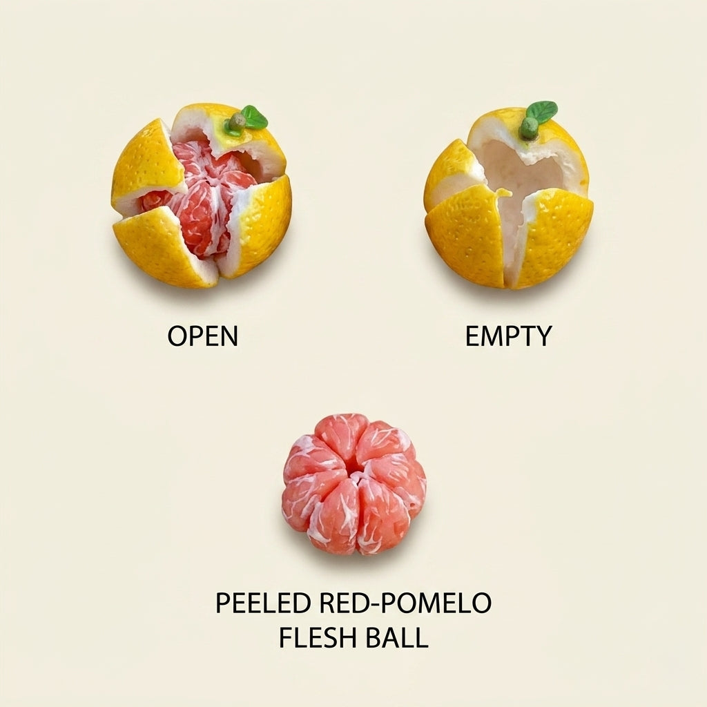 3Pcs Miniature Pomelo Set – Hand-Sculpted 1:6 Scale Dollhouse Red Pomelo, Opened Peel, Empty Shell and Pink Flesh Ball, Realistic Tiny Citrus for Blythe & Barbie Dioramas, Mid-Autumn Decor, Resin Jewelry & Polymer Clay Food Miniatures