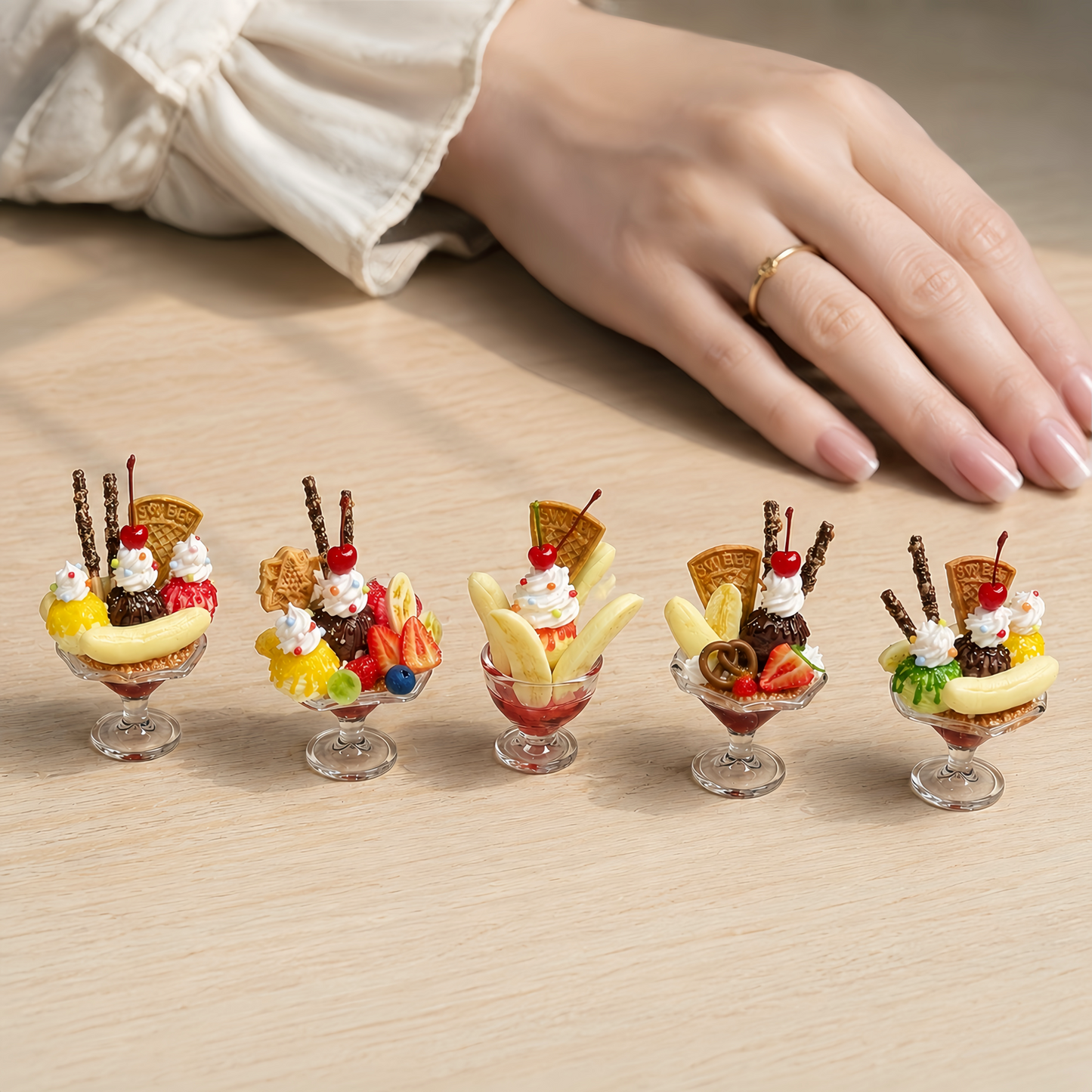 1:6 Scale Miniature Banana Split Sundae Cup Collection – 5 Styles Dollhouse Ice Cream Parfait with Taiyaki, Pretzel & Matcha, Handmade Polymer Clay Japanese Café Food for Blythe BJD Diorama