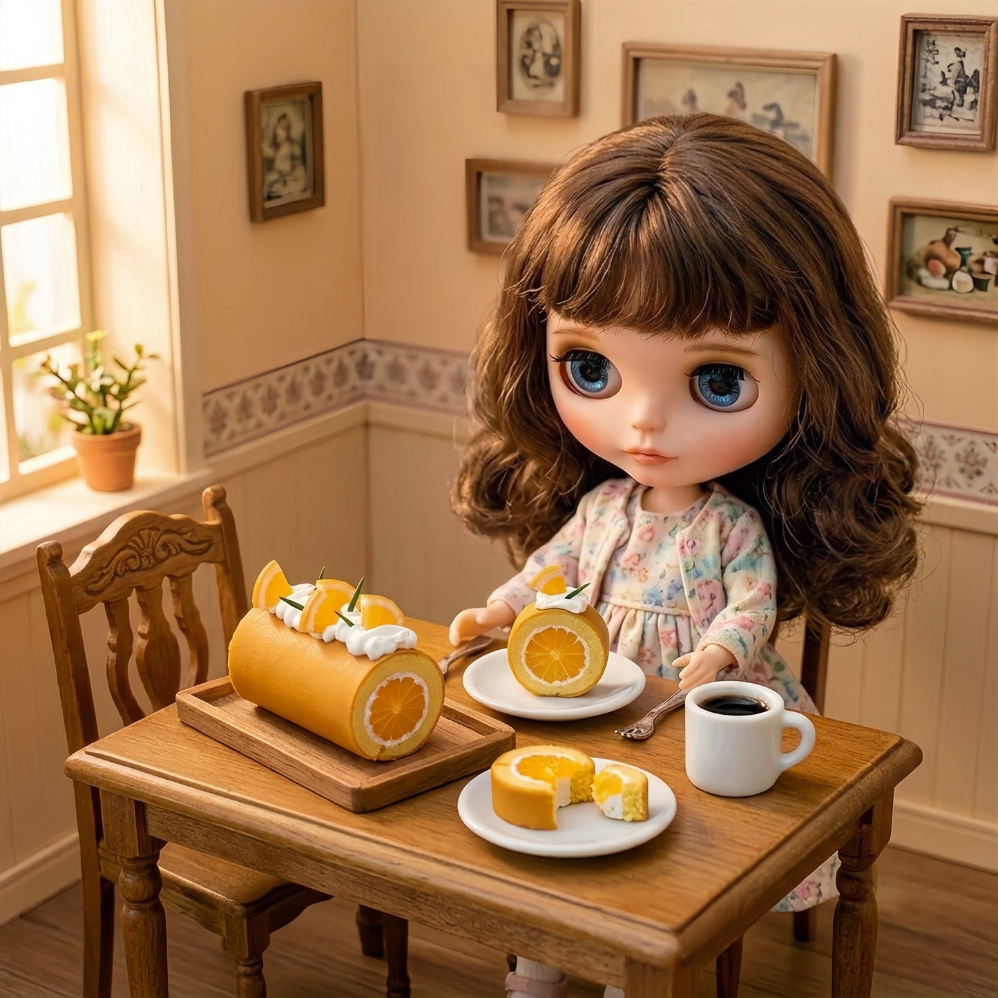 Miniature Orange Swiss Roll Cake - Hand-Sculpted 1:6 Scale Dollhouse Cake Roll with Whole Orange Slice Center, Whipped Cream & Citrus Garnish, Realistic Tiny Dessert for Blythe & Barbie Dioramas, Polymer Clay Food