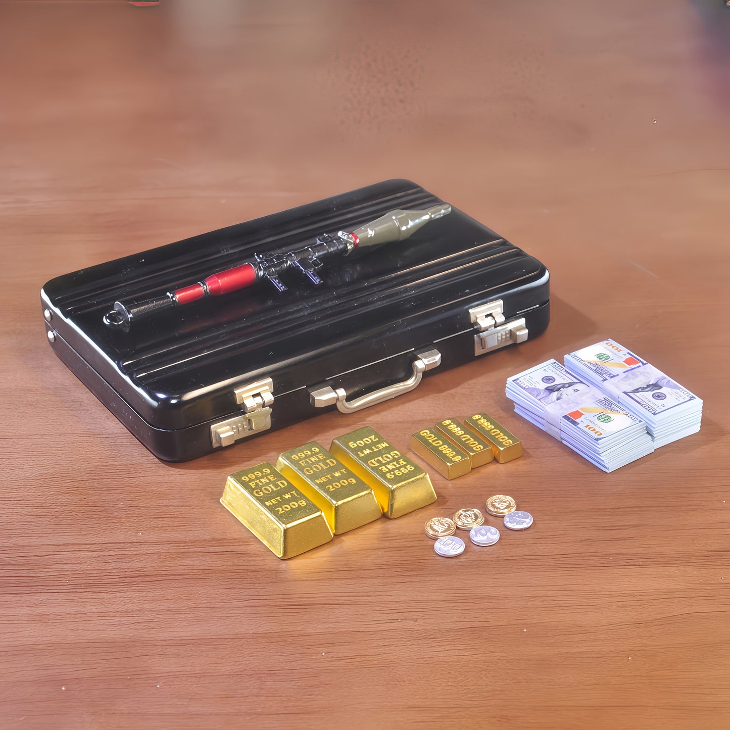 1:6 Scale Miniature Red Briefcase Set -Comes with 1 Heavy Weapon，Mini GoldenBars,  Miniature Bills and Antique Coins - Unique Adult Novelty Toys，Creative Gift and Dollhouse Accessories
