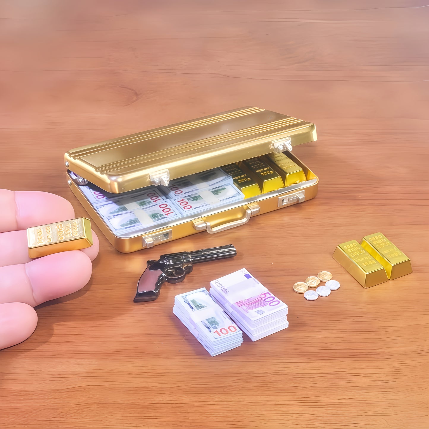 miniature gold briefcase with mini bills 1:6 scale fdmini
