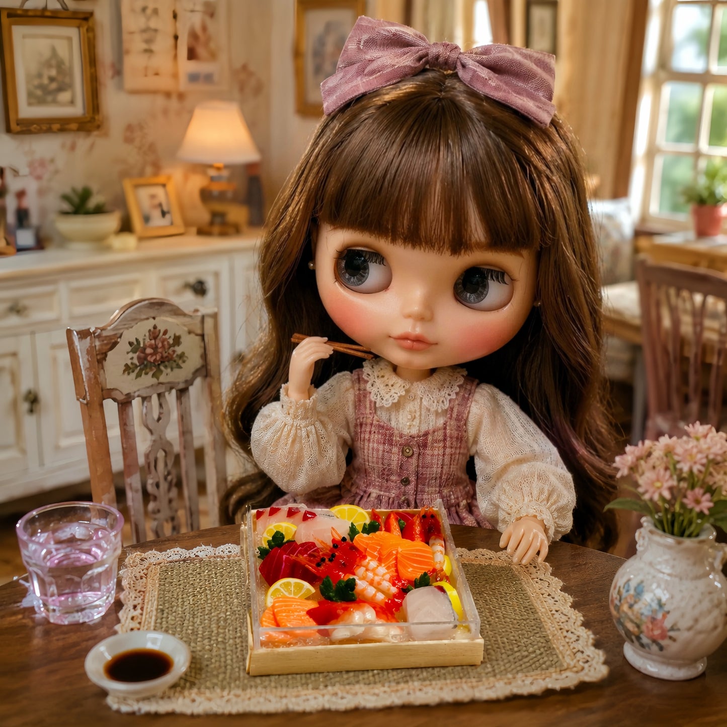 Miniature Sashimi Platter – Hand-Sculpted 1:6 Scale Dollhouse Japanese Sashimi Box with Salmon, Tuna, Shrimp & Scallop, Lemon and Shiso, Realistic Tiny Seafood Dish for Blythe & Barbie Dioramas, Resin Jewelry & Polymer Clay Food