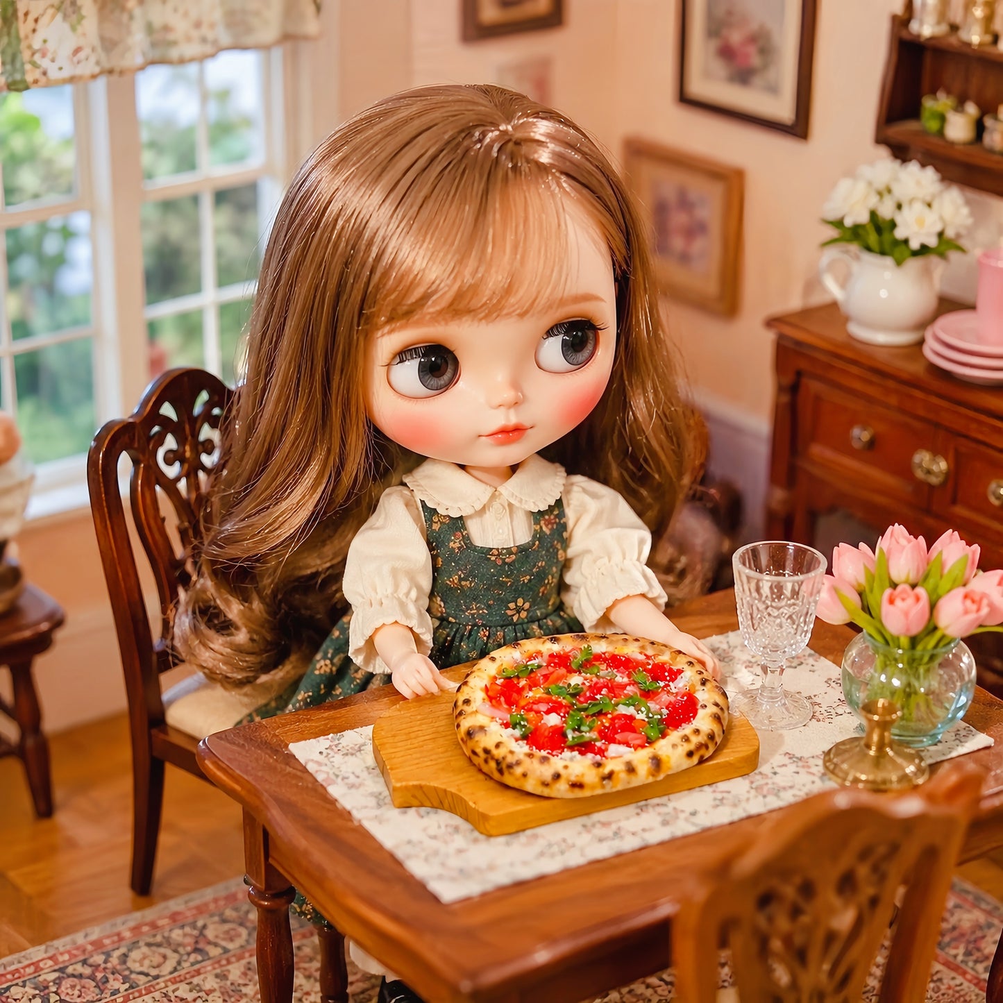 Miniature Neapolitan Pizza - Hand-Sculpted 1:6 Scale Dollhouse Pizza with Leopard-Spotted Crust, Tomato, Prosciutto & Arugula on Wooden Board, Realistic Tiny Food for Blythe & Barbie Dioramas, Polymer Clay Food