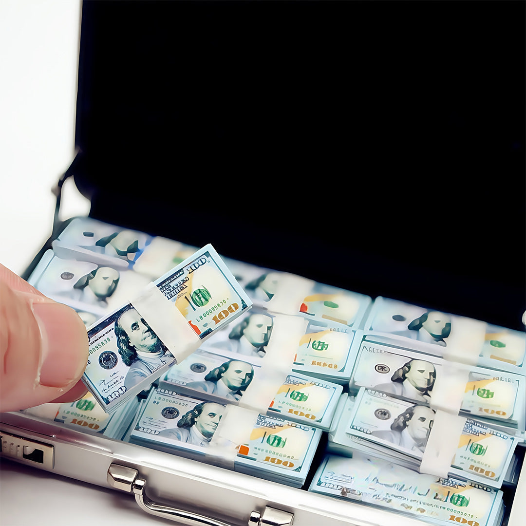 1:6 Silver Alloy Mini Briefcase Set - Creative Model House Decor for Adults, Office Style Replica with Security Case & Money Bundles, Miniature Photography Props