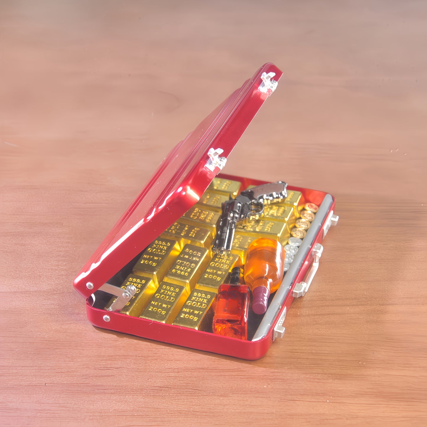 1:6 Scale Miniature Red Briefcase Set - Includes 14 Mini Gold Bars, 2 bottles of Whiskey, and 8 Vintage Coins - Unique Adult NoveltyToy & Dollhouse Accessories