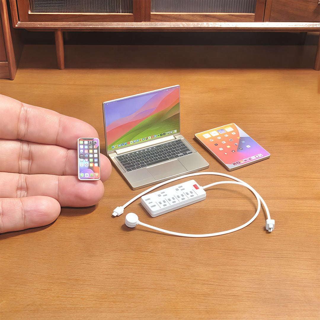 1:6 Scale Miniature Modern Tech Set - Dollhouse Laptop, Tablet, Smartphone & Power Strip - Realistic Office Accessories (Titanium  Edition)