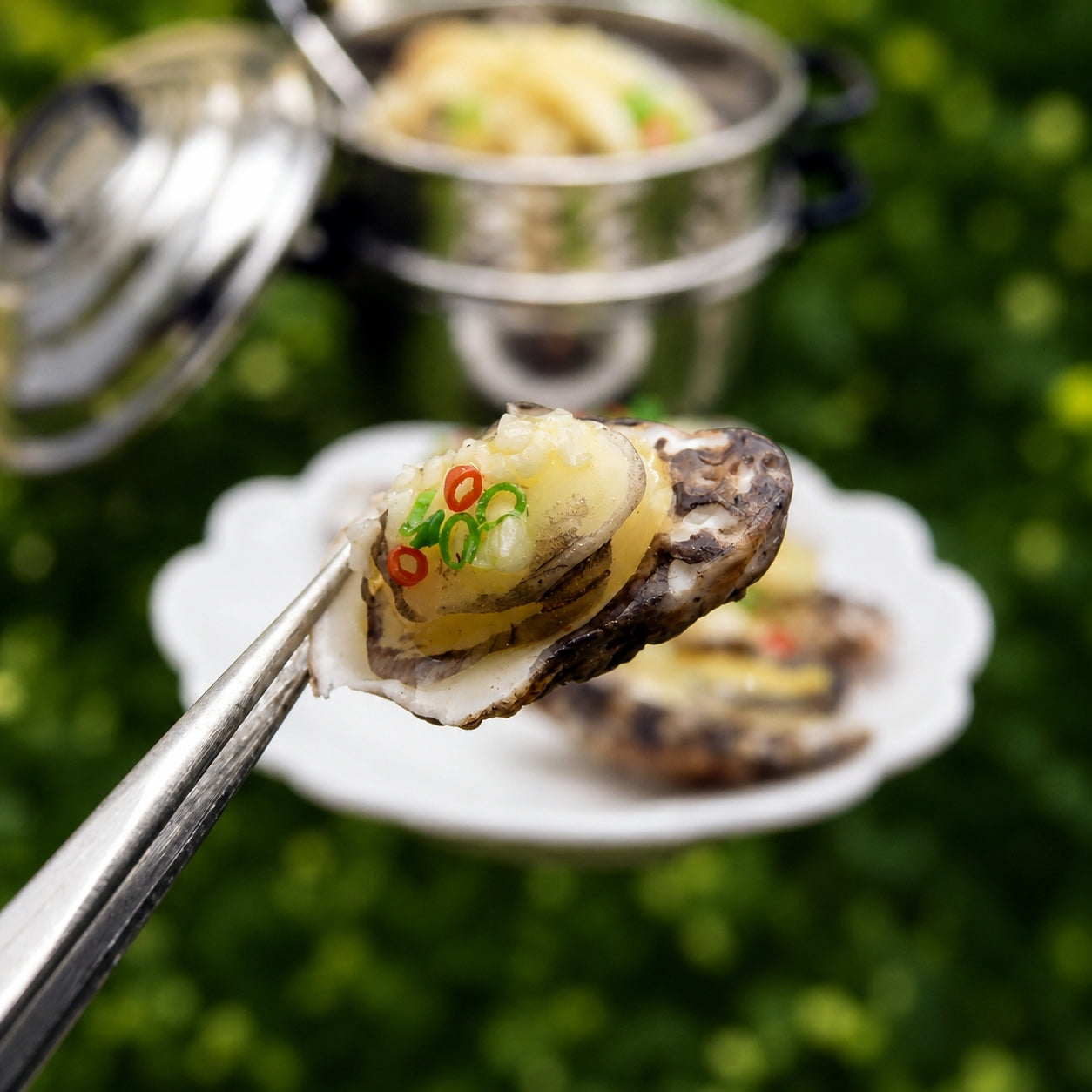 Miniature Grilled Oysters - Hand-Sculpted 1:6 Scale Garlic Oysters on the Half Shell with Scallion & Chili, Realistic Seafood Dollhouse Food for Blythe & Barbie Kitchen Dioramas, Resin Jewelry & Polymer Clay Food