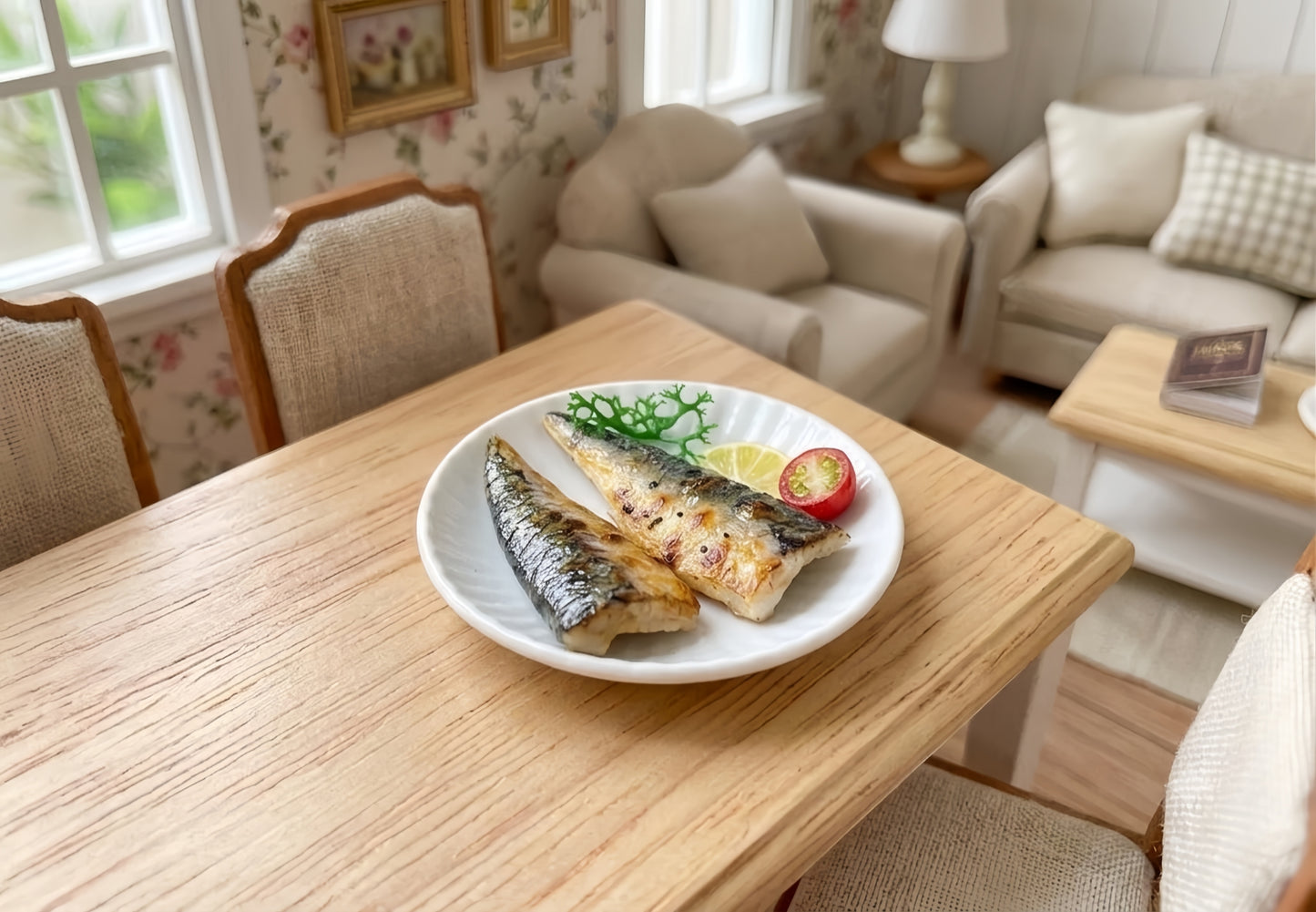 Miniature Grilled Mackerel - Hand-Sculpted 1:6 Scale Japanese Saba Shioyaki with Lemon, Cherry Tomato & Garnish on Plate, Realistic Tiny Fish Food for Blythe & Barbie Dioramas, Polymer Clay Food