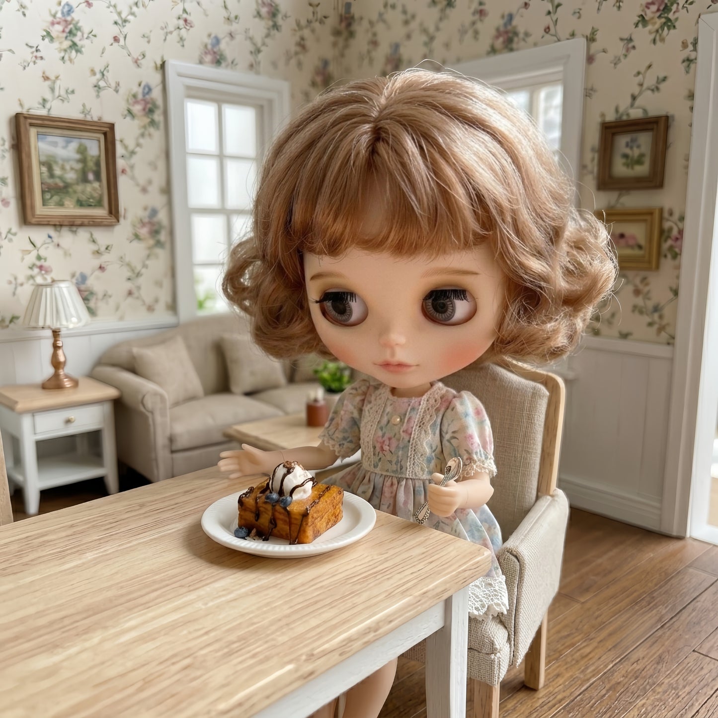 Miniature Honey Toast - Hand-Sculpted 1:6 Scale Shibuya Toast Dessert with Ice Cream Scoop, Chocolate Drizzle & Blueberries, Realistic Tiny Café Food for Blythe & Barbie Dioramas, Polymer Clay Food