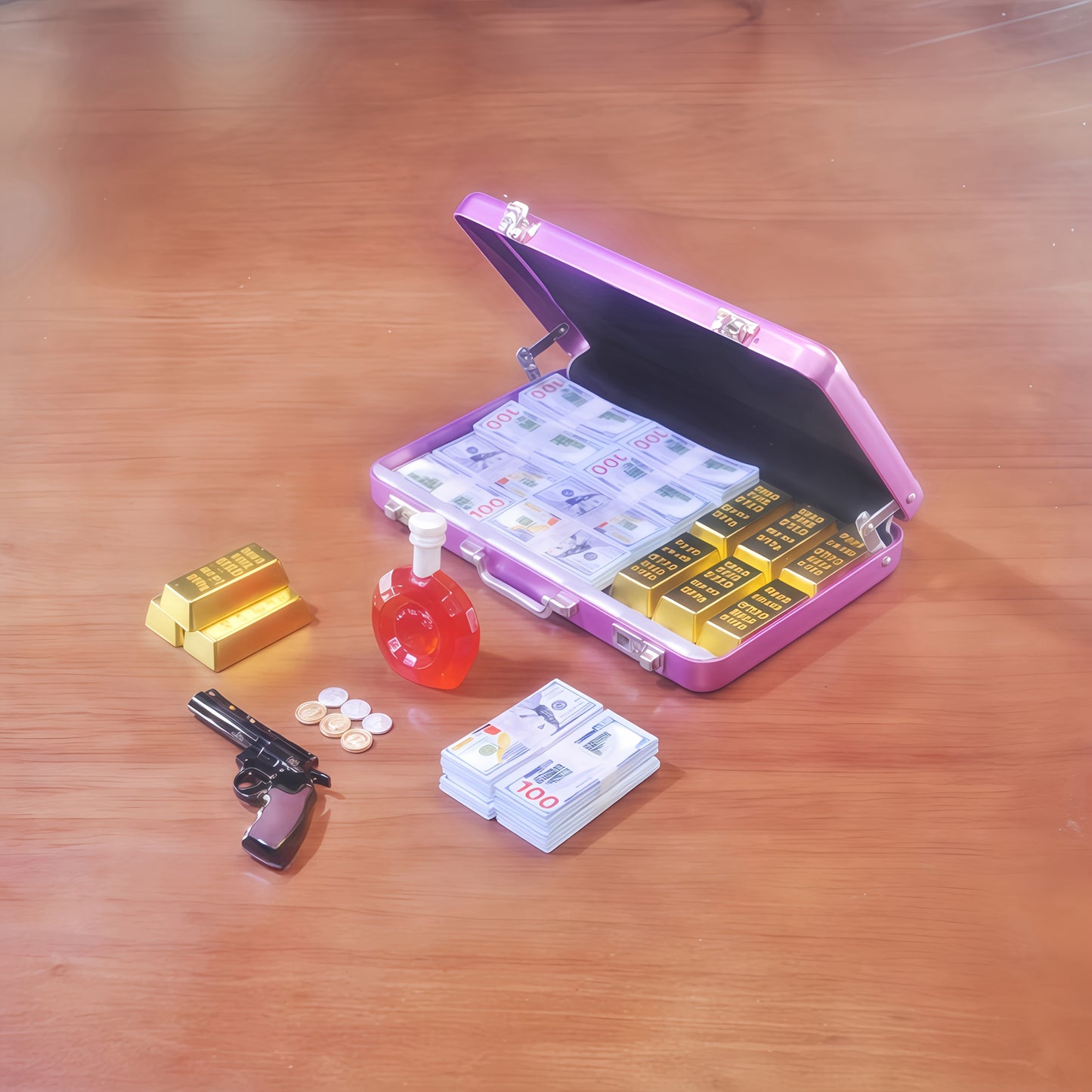 1:6 Scale Miniature Pink Briefcase Set - Includes Mini GoldenBars, Mini XO, Vintage Coins, Mini Dollar Bills and Mini Revolver  - Unique Adult Novelty Toys, Creative Gift and Dollhouse Accessories