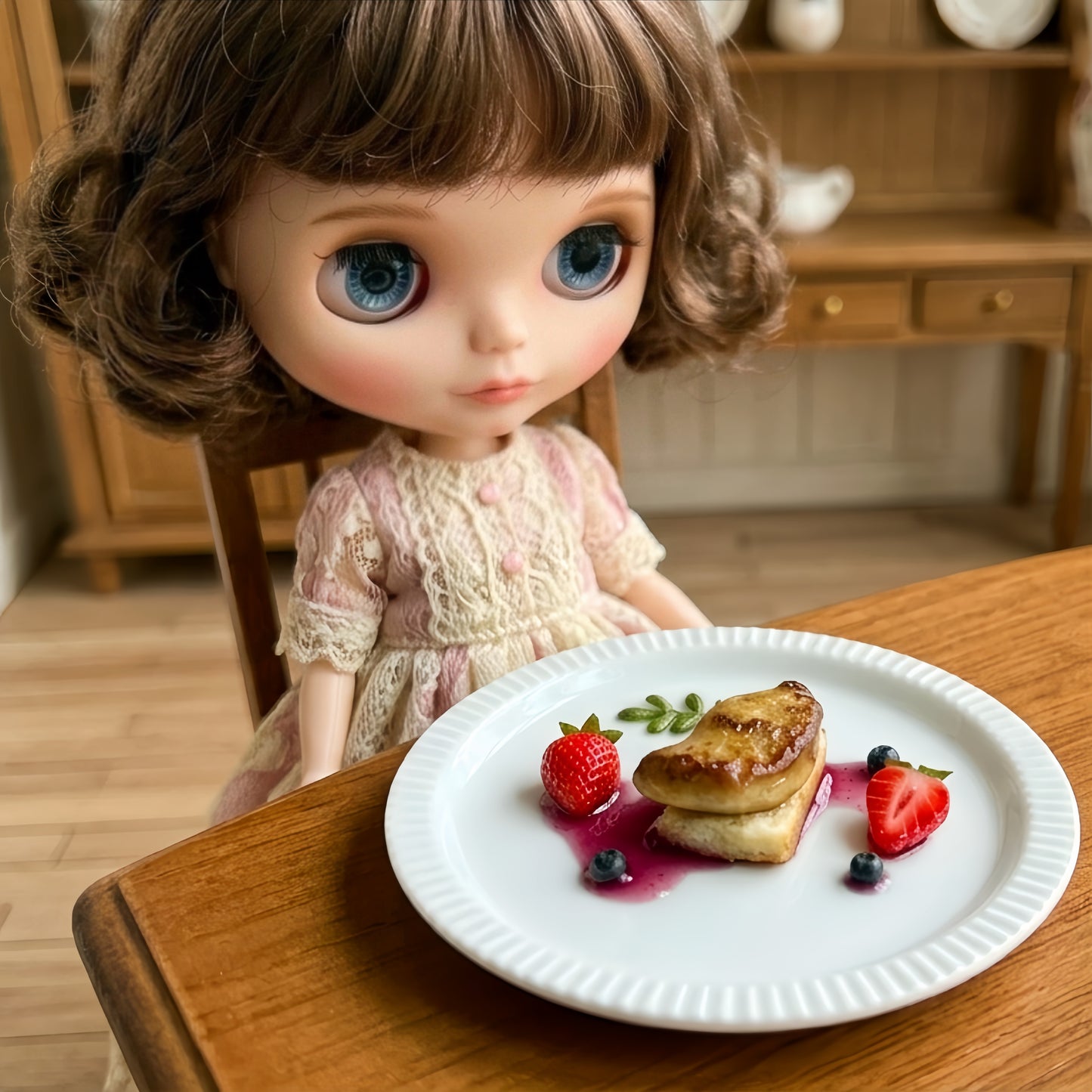 Miniature Seared Foie Gras - Hand-Sculpted 1:6 Scale Fine Dining Plated Dish with Berry Coulis, Strawberry & Blueberry Garnish on Brioche, Realistic Tiny Gourmet Food for Blythe & Barbie Dioramas, Polymer Clay Food
