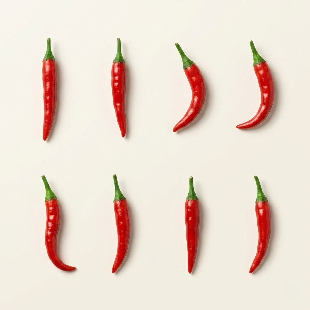 8Pcs Miniature Red Chili Pepper Set – Hand-Sculpted 1:6 Scale Dollhouse Chili Peppers with Glossy Skin and Green Stems, Realistic Tiny Hot Peppers for Blythe & Barbie Kitchen Dioramas, Resin Jewelry & Polymer Clay Food Miniatures