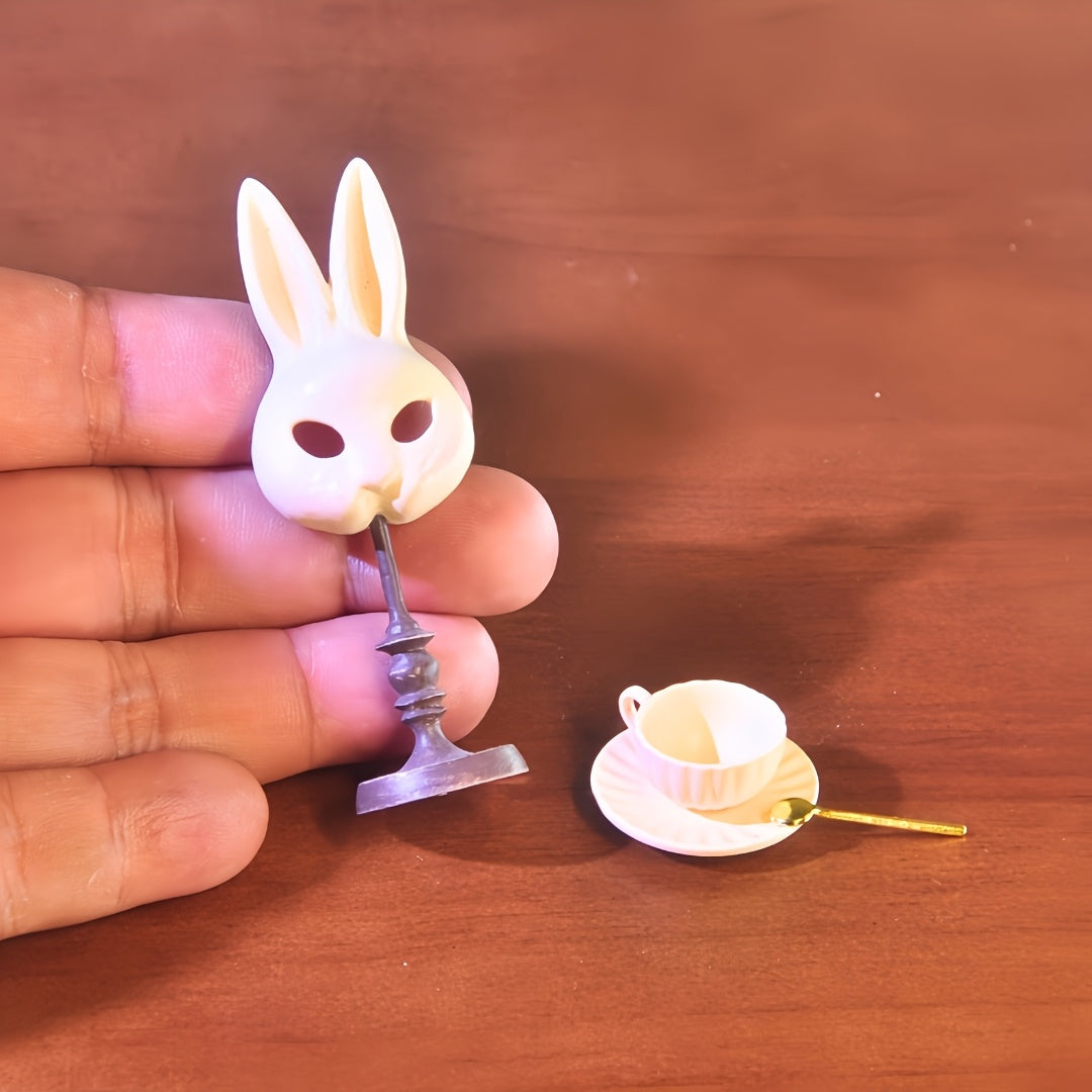 1:6 Scale Miniature Rabbit Mask, Gold & Silver Candle Holders, and Coffee Cup Set - Ideal for Creative Gifts, Dollhouse Accessories, and Unique Novelty Collectibles for Ages 14+