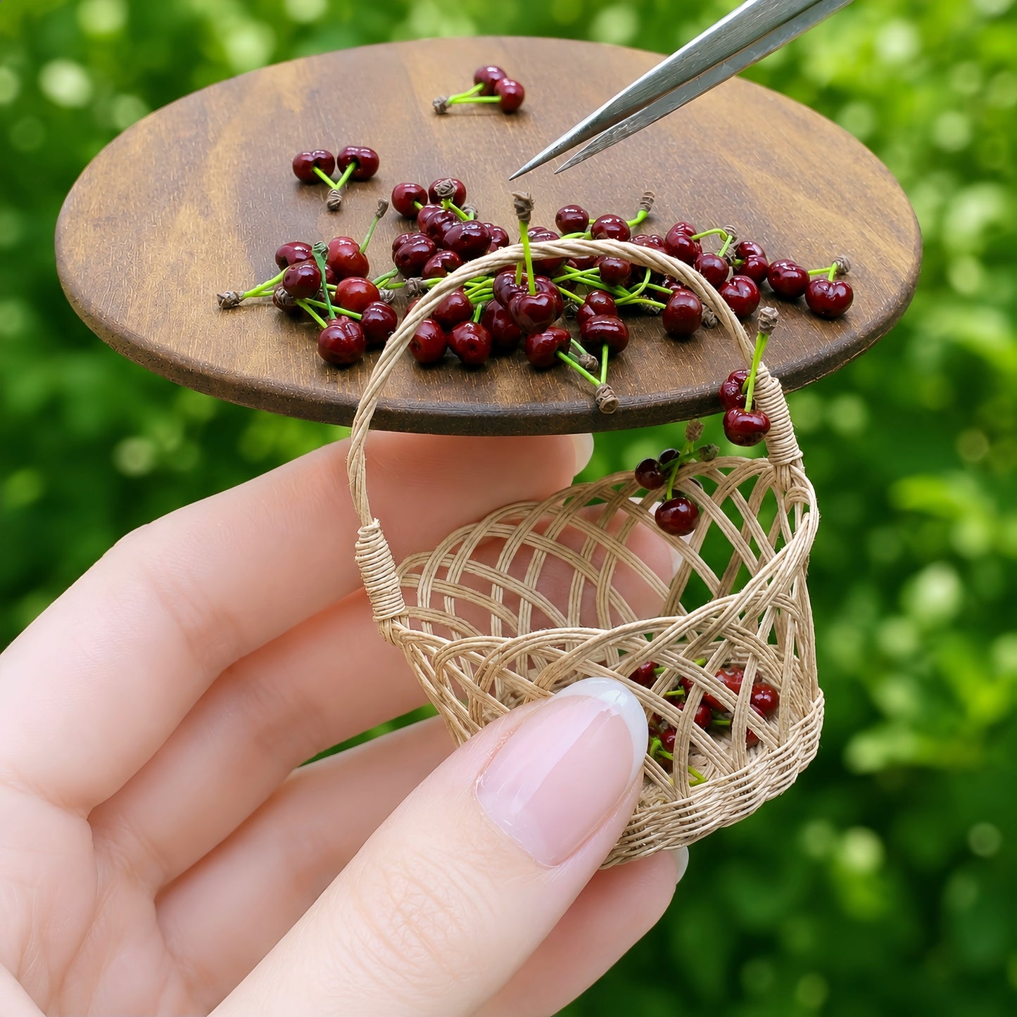 6Pcs Miniature Cherries(A set of two) - Hand-Sculpted 1:6 Scale Red Cherry Pairs on Stems, Glossy Dark-Red Fruit, Realistic Dollhouse Fruit for Blythe & Barbie Dioramas, Resin Jewelry & Polymer Clay Food