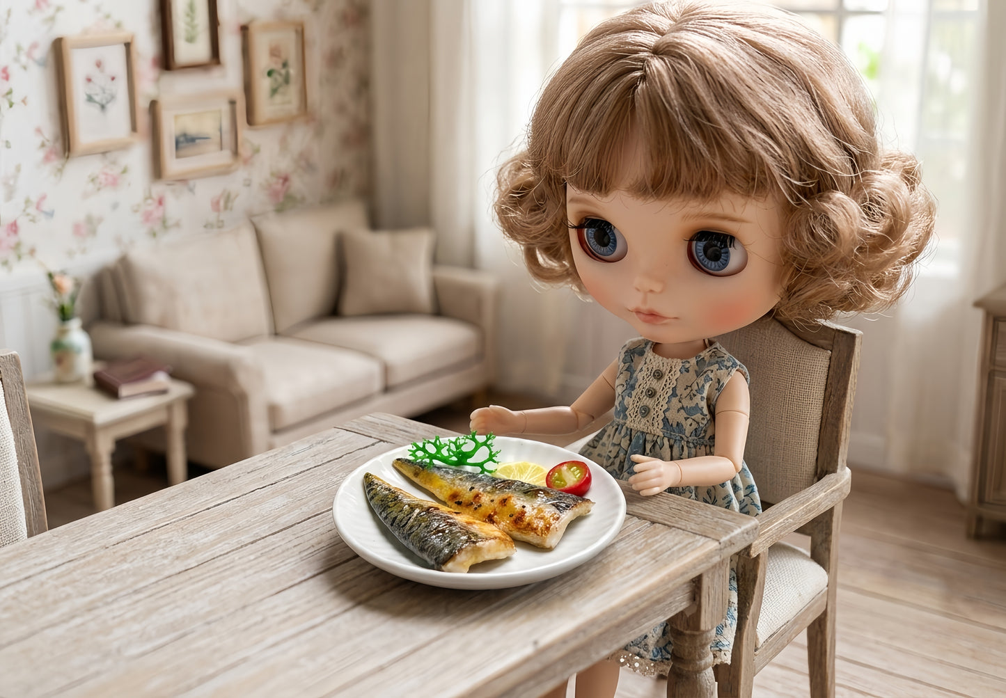 Miniature Grilled Mackerel - Hand-Sculpted 1:6 Scale Japanese Saba Shioyaki with Lemon, Cherry Tomato & Garnish on Plate, Realistic Tiny Fish Food for Blythe & Barbie Dioramas, Polymer Clay Food