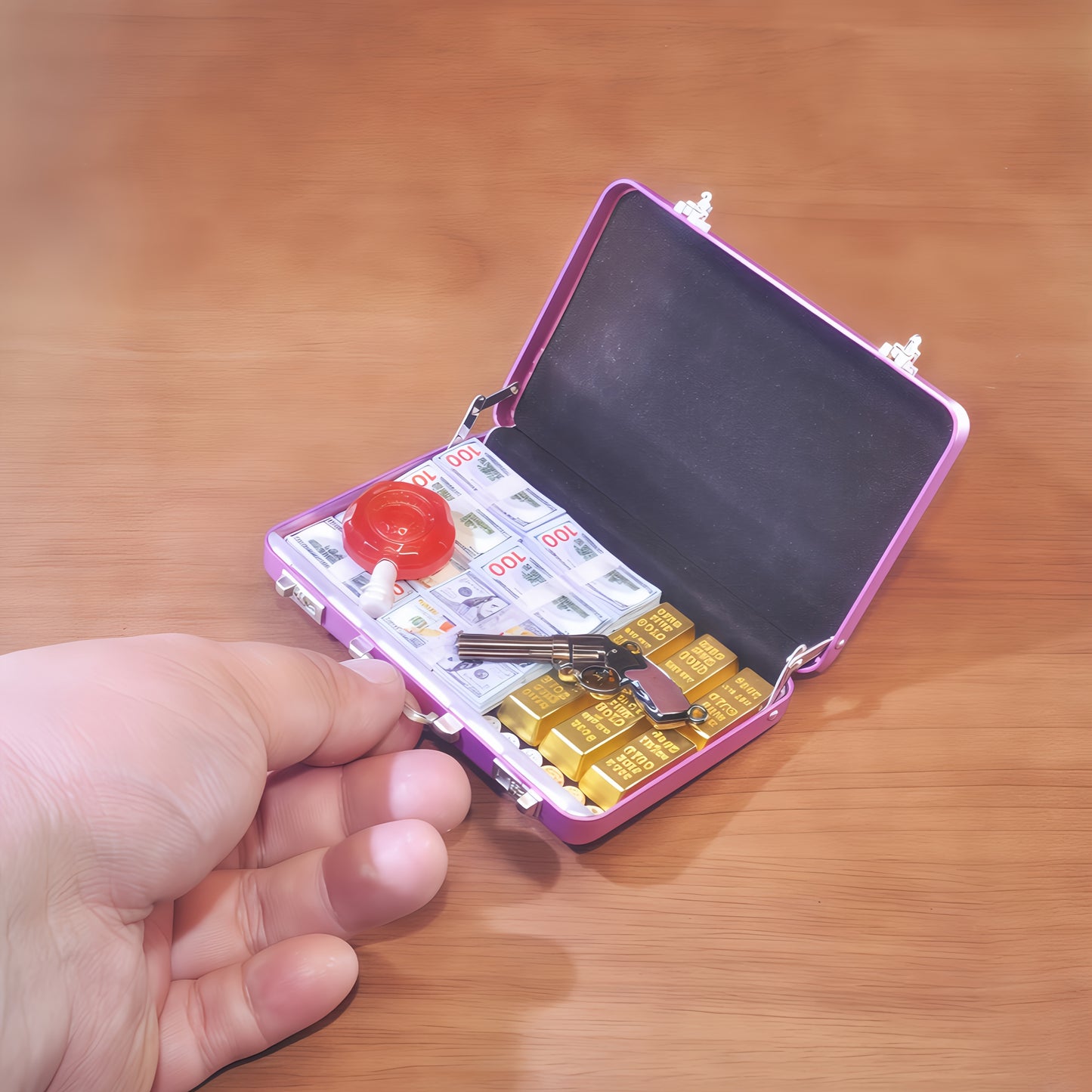 1:6 Scale Miniature Pink Briefcase Set - Includes Mini GoldenBars, Mini XO, Vintage Coins, Mini Dollar Bills and Mini Revolver  - Unique Adult Novelty Toys, Creative Gift and Dollhouse Accessories