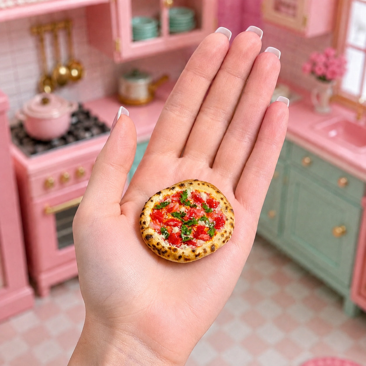 Miniature Neapolitan Pizza - Hand-Sculpted 1:6 Scale Dollhouse Pizza with Leopard-Spotted Crust, Tomato, Prosciutto & Arugula on Wooden Board, Realistic Tiny Food for Blythe & Barbie Dioramas, Polymer Clay Food