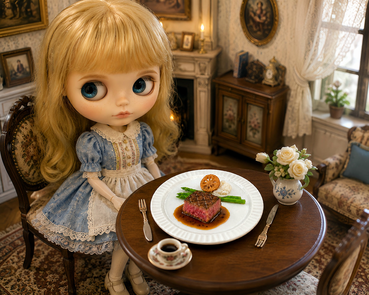 Miniature Grilled Steak - Hand-Sculpted 1:6 Scale Fine Dining Filet Mignon with Red Wine Jus, Asparagus & Purée, Realistic Tiny Gourmet Plated Dish for Blythe & Barbie Dioramas, Polymer Clay Food