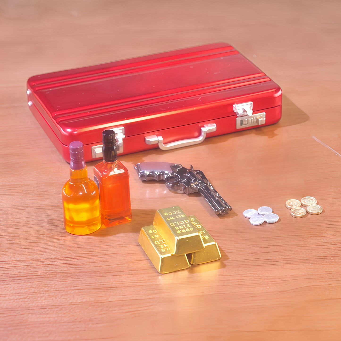 1:6 Scale Miniature Red Briefcase Set - Includes 14 Mini Gold Bars, 2 bottles of Whiskey, and 8 Vintage Coins - Unique Adult NoveltyToy & Dollhouse Accessories