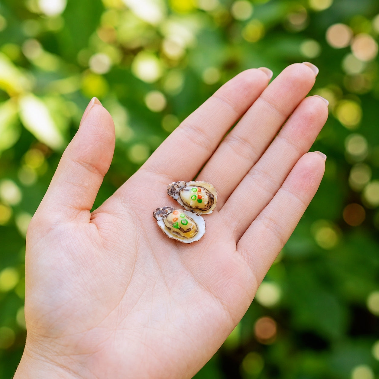 Miniature Grilled Oysters - Hand-Sculpted 1:6 Scale Garlic Oysters on the Half Shell with Scallion & Chili, Realistic Seafood Dollhouse Food for Blythe & Barbie Kitchen Dioramas, Resin Jewelry & Polymer Clay Food