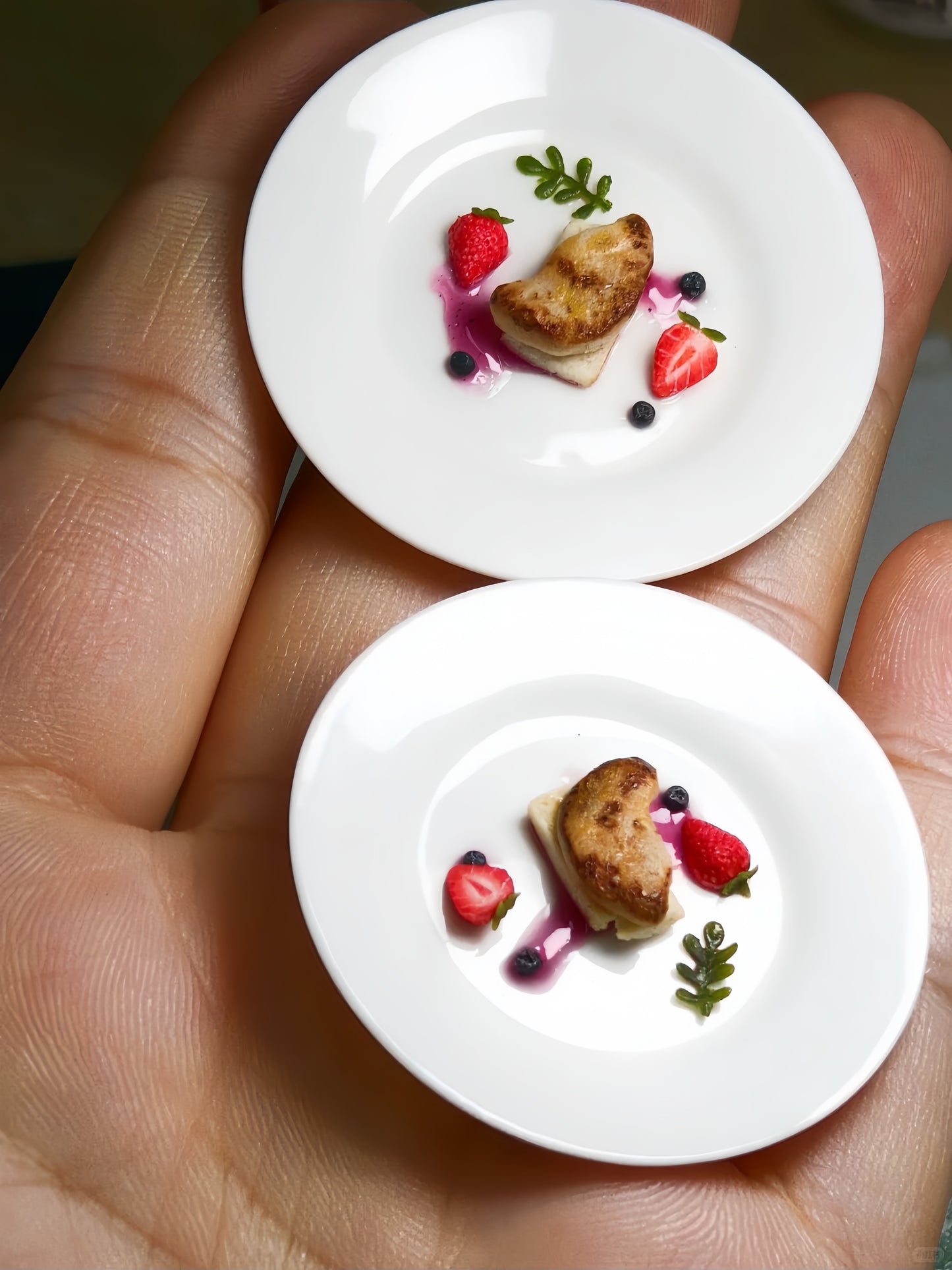Miniature Seared Foie Gras - Hand-Sculpted 1:6 Scale Fine Dining Plated Dish with Berry Coulis, Strawberry & Blueberry Garnish on Brioche, Realistic Tiny Gourmet Food for Blythe & Barbie Dioramas, Polymer Clay Food
