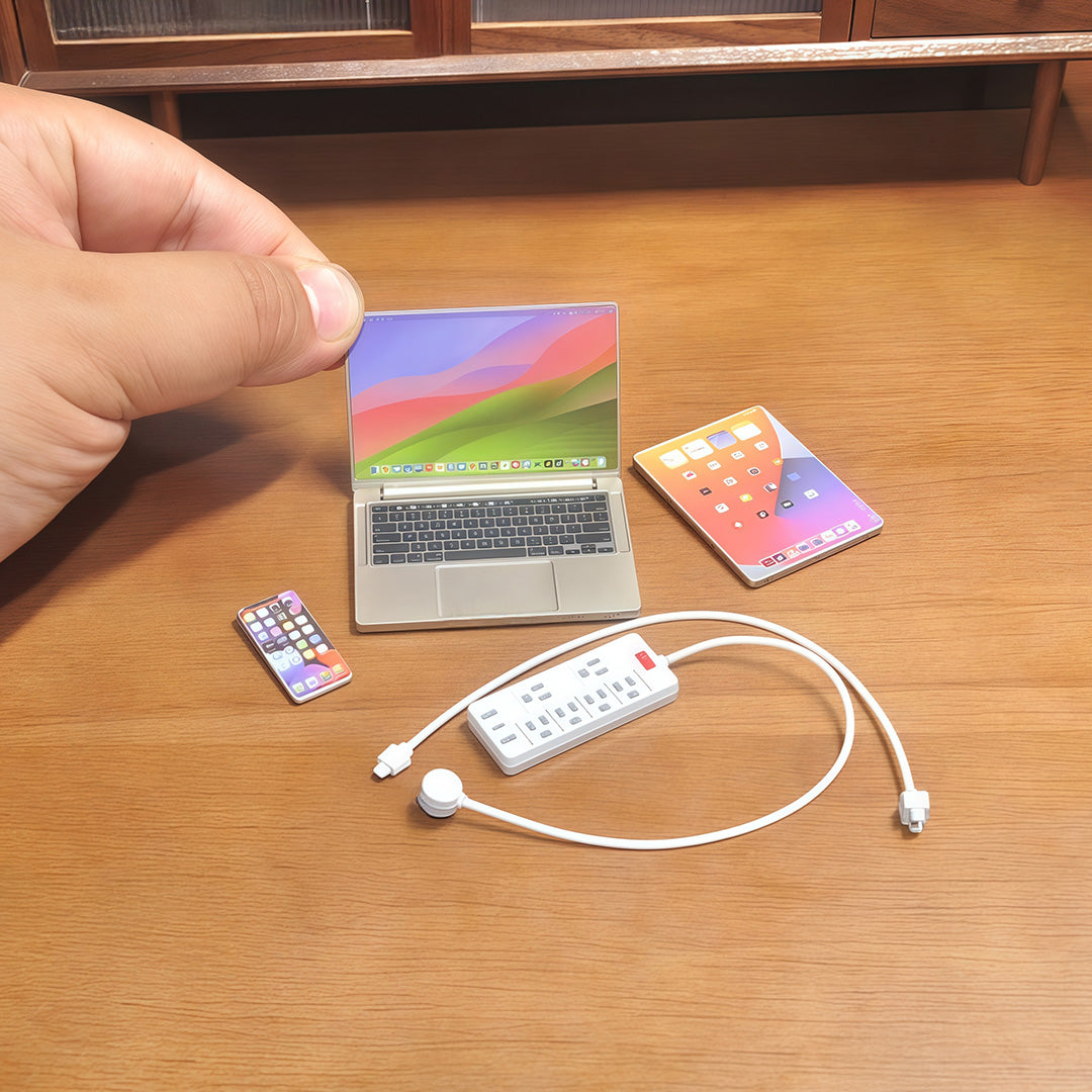 1:6 Scale Miniature Modern Tech Set - Dollhouse Laptop, Tablet, Smartphone & Power Strip - Realistic Office Accessories (Titanium  Edition)