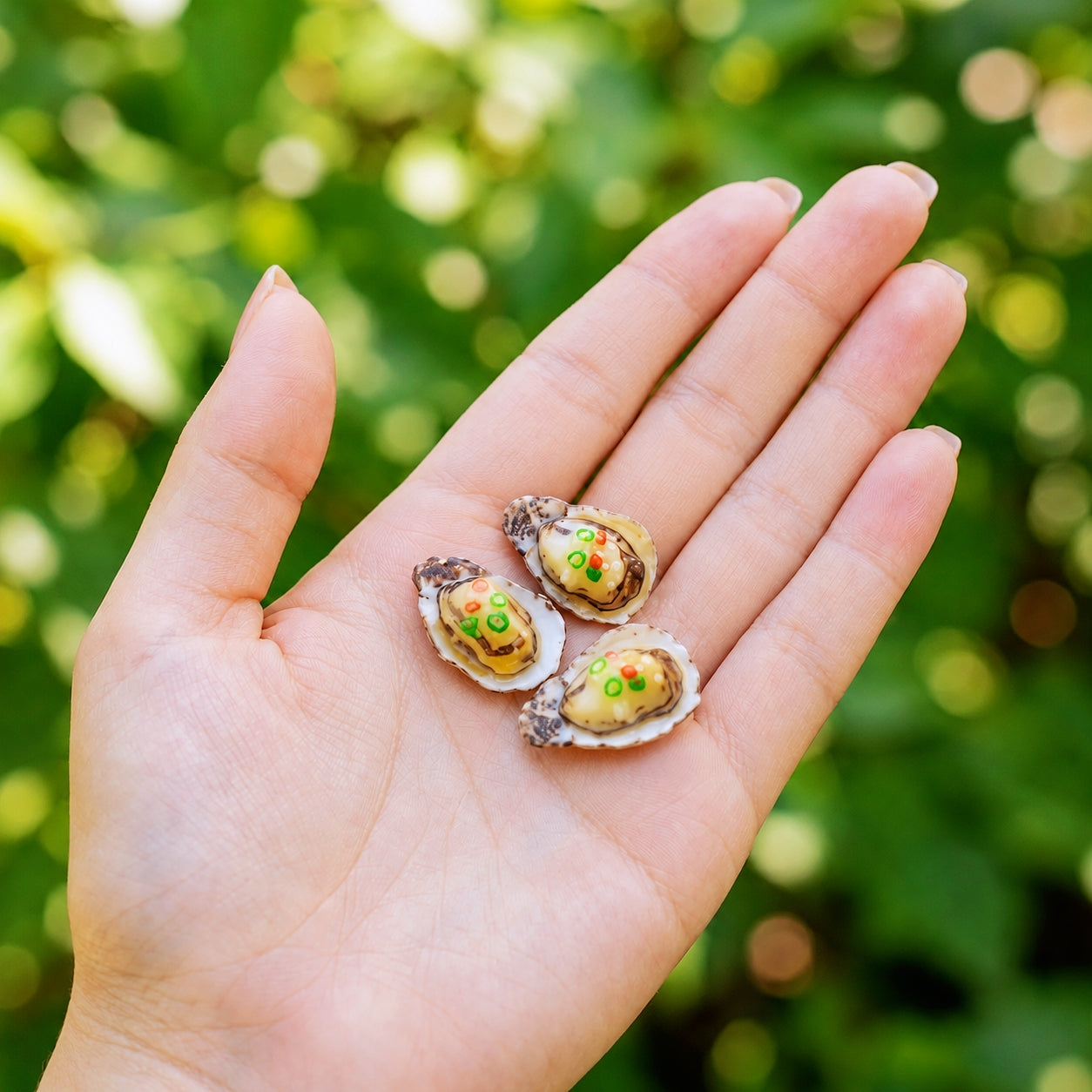 Miniature Grilled Oysters - Hand-Sculpted 1:6 Scale Garlic Oysters on the Half Shell with Scallion & Chili, Realistic Seafood Dollhouse Food for Blythe & Barbie Kitchen Dioramas, Resin Jewelry & Polymer Clay Food