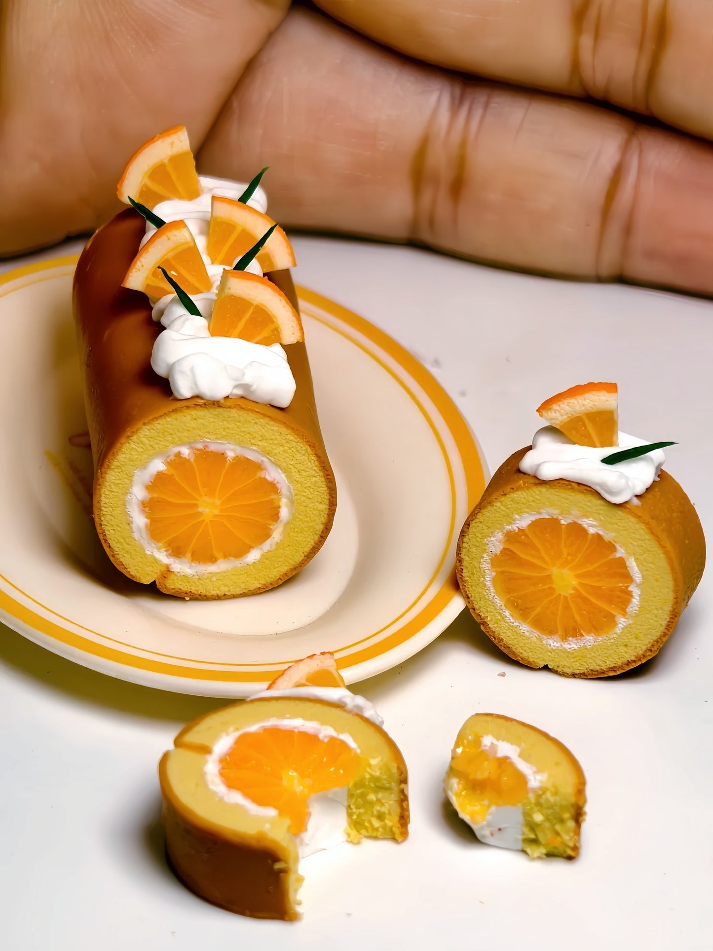 Miniature Orange Swiss Roll Cake - Hand-Sculpted 1:6 Scale Dollhouse Cake Roll with Whole Orange Slice Center, Whipped Cream & Citrus Garnish, Realistic Tiny Dessert for Blythe & Barbie Dioramas, Polymer Clay Food