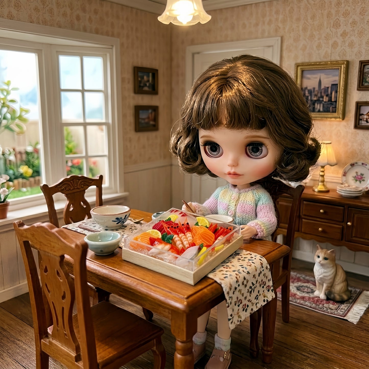 Miniature Sashimi Platter – Hand-Sculpted 1:6 Scale Dollhouse Japanese Sashimi Box with Salmon, Tuna, Shrimp & Scallop, Lemon and Shiso, Realistic Tiny Seafood Dish for Blythe & Barbie Dioramas, Resin Jewelry & Polymer Clay Food