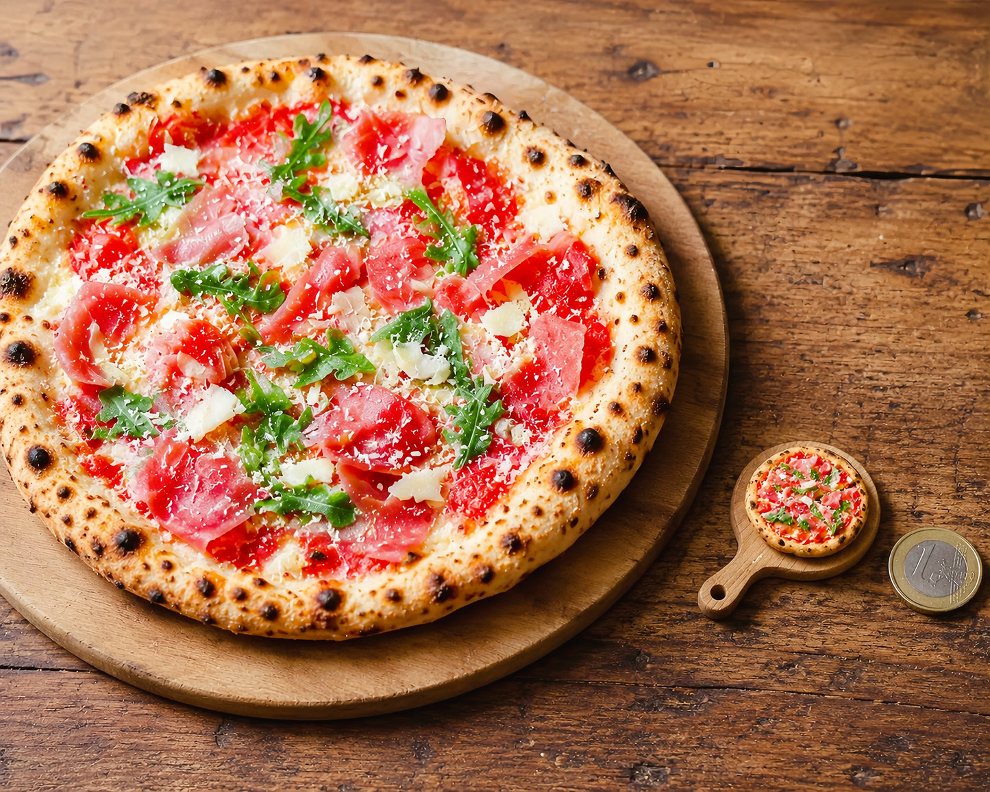 Miniature Neapolitan Pizza - Hand-Sculpted 1:6 Scale Dollhouse Pizza with Leopard-Spotted Crust, Tomato, Prosciutto & Arugula on Wooden Board, Realistic Tiny Food for Blythe & Barbie Dioramas, Polymer Clay Food