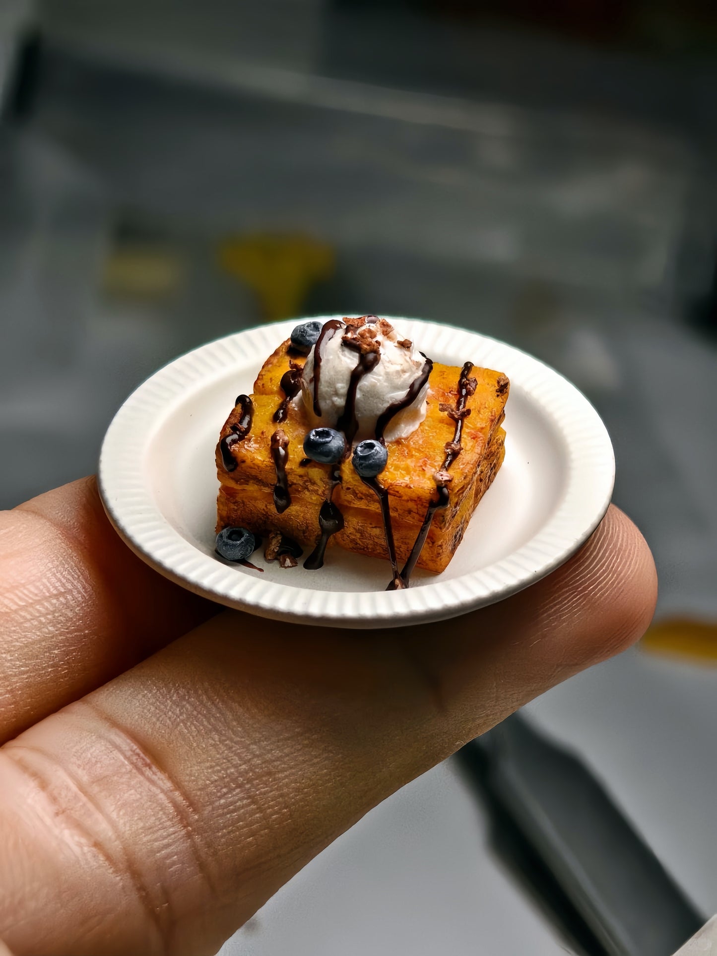 Miniature Honey Toast - Hand-Sculpted 1:6 Scale Shibuya Toast Dessert with Ice Cream Scoop, Chocolate Drizzle & Blueberries, Realistic Tiny Café Food for Blythe & Barbie Dioramas, Polymer Clay Food