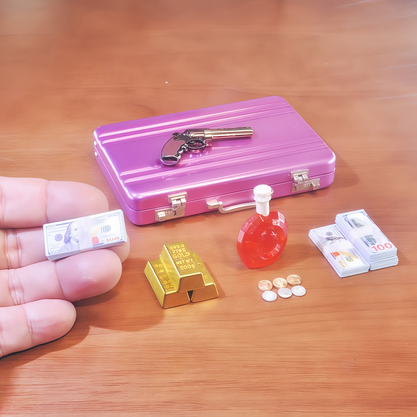 1:6 Scale Miniature Pink Briefcase Set - Includes Mini GoldenBars, Mini XO, Vintage Coins, Mini Dollar Bills and Mini Revolver  - Unique Adult Novelty Toys, Creative Gift and Dollhouse Accessories